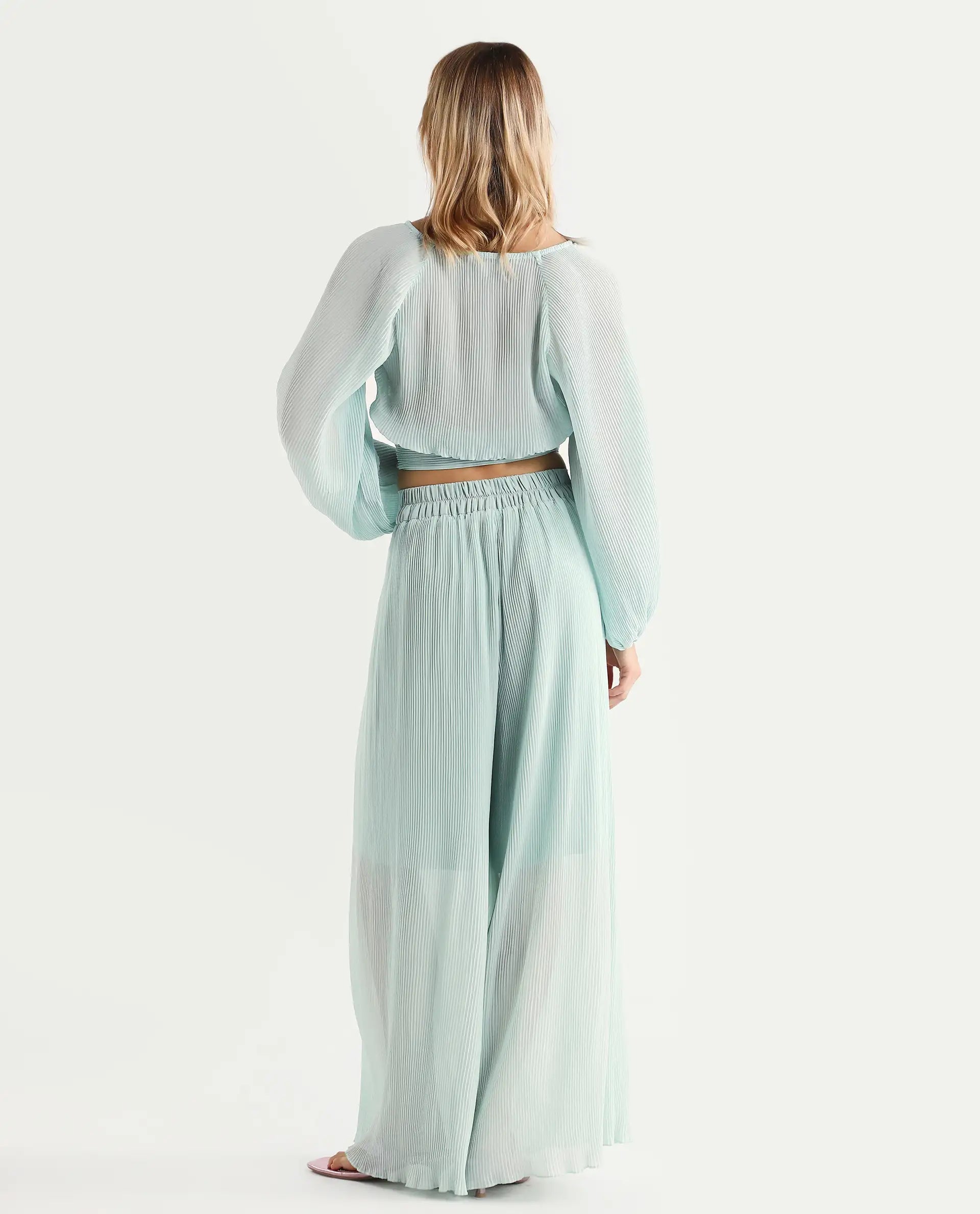 Rareism Women's Humphre-B Pastel Green Polyester Plain Ankle Length Flared Trouser