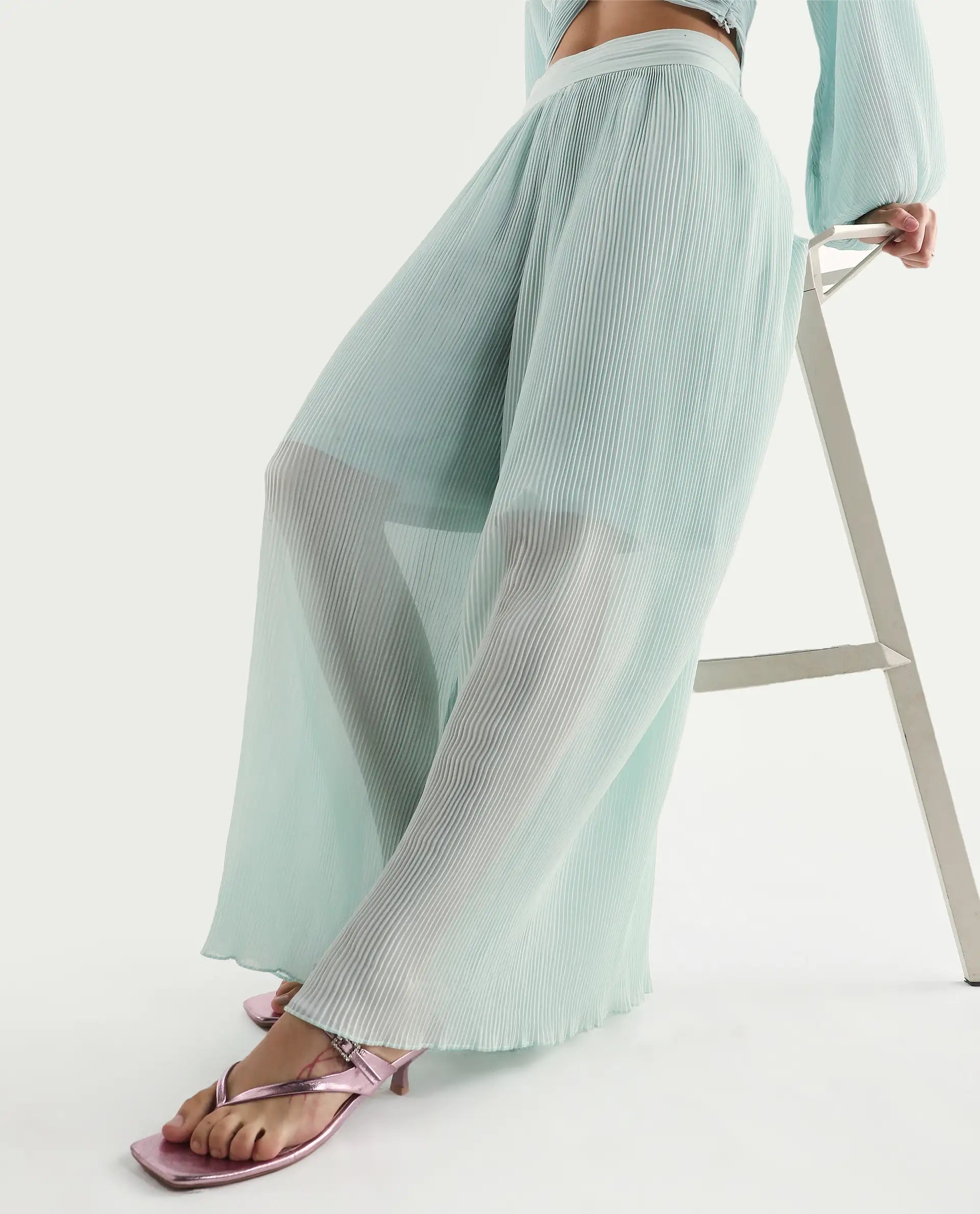 Rareism Women's Humphre-B Pastel Green Polyester Plain Ankle Length Flared Trouser