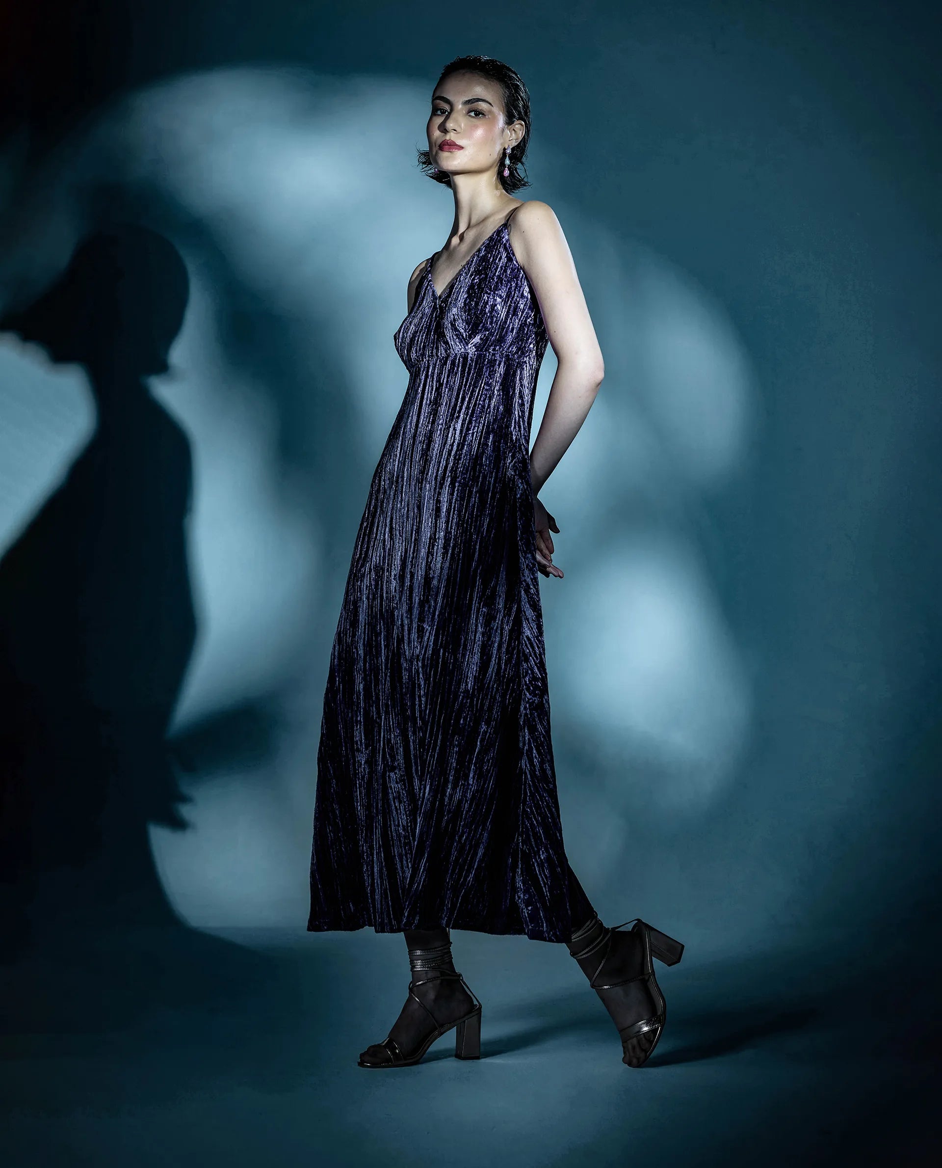 Rareism Women's Harbo Purple Velvet Shoulder Strap Plain Sleeveless Maxi Fit And Flare Dress