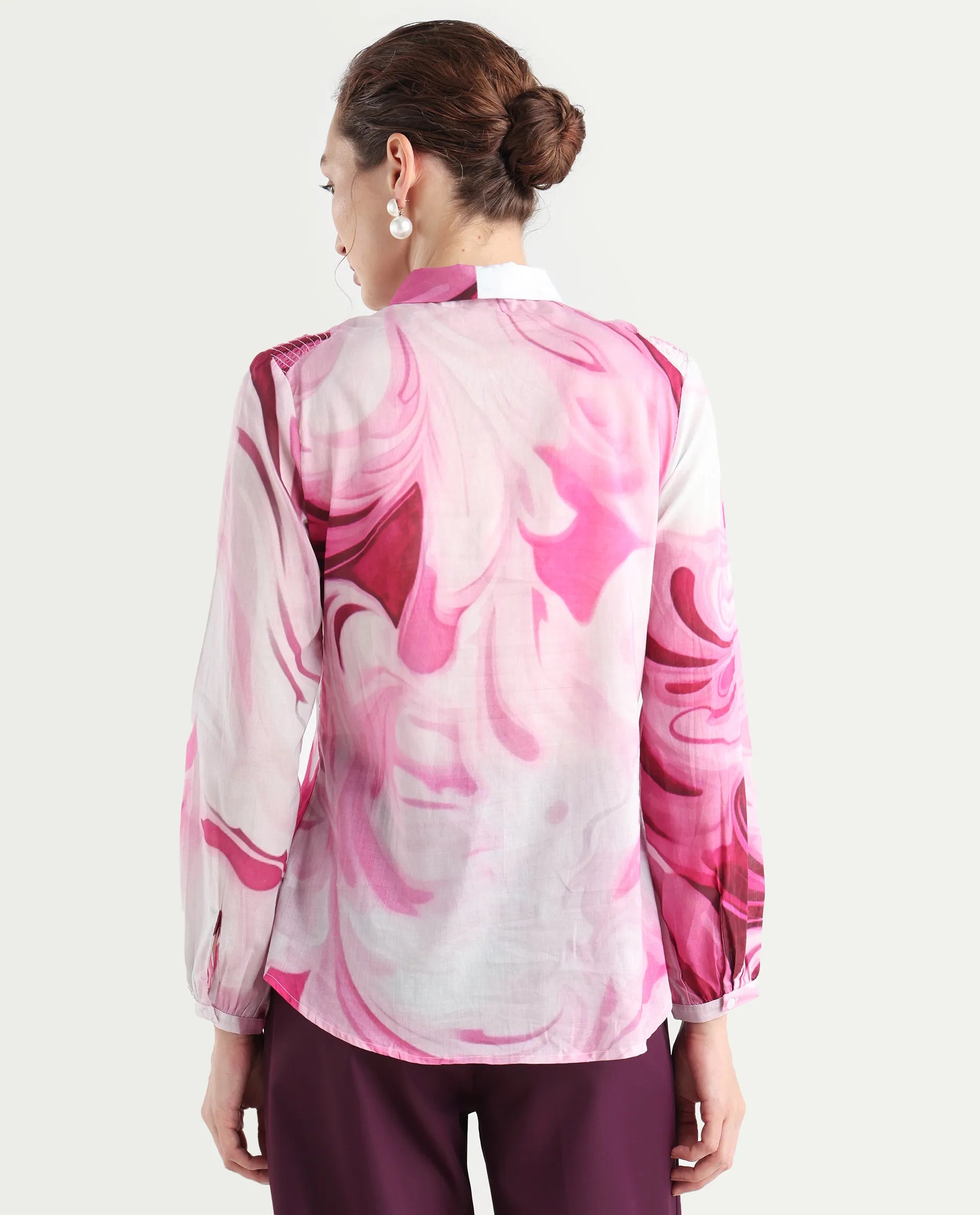 Rareism Women's Hushie Pink Cotton Tie-Up Neck Abstract Print Cuffed Sleeve Regular Fit Top