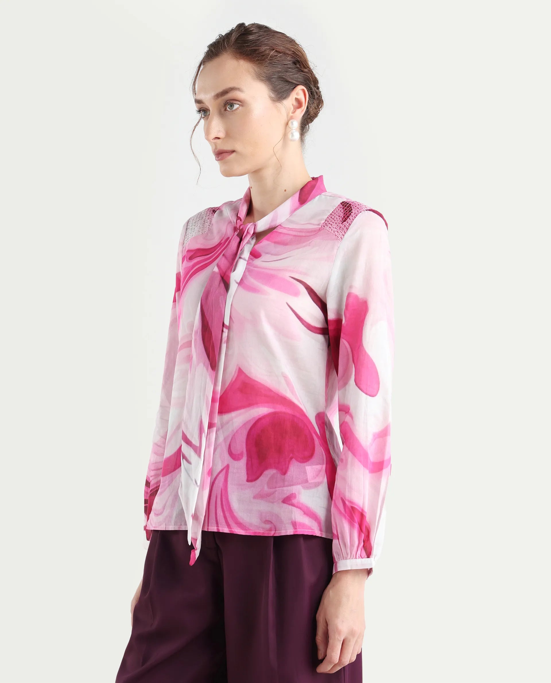Rareism Women's Hushie Pink Cotton Tie-Up Neck Abstract Print Cuffed Sleeve Regular Fit Top