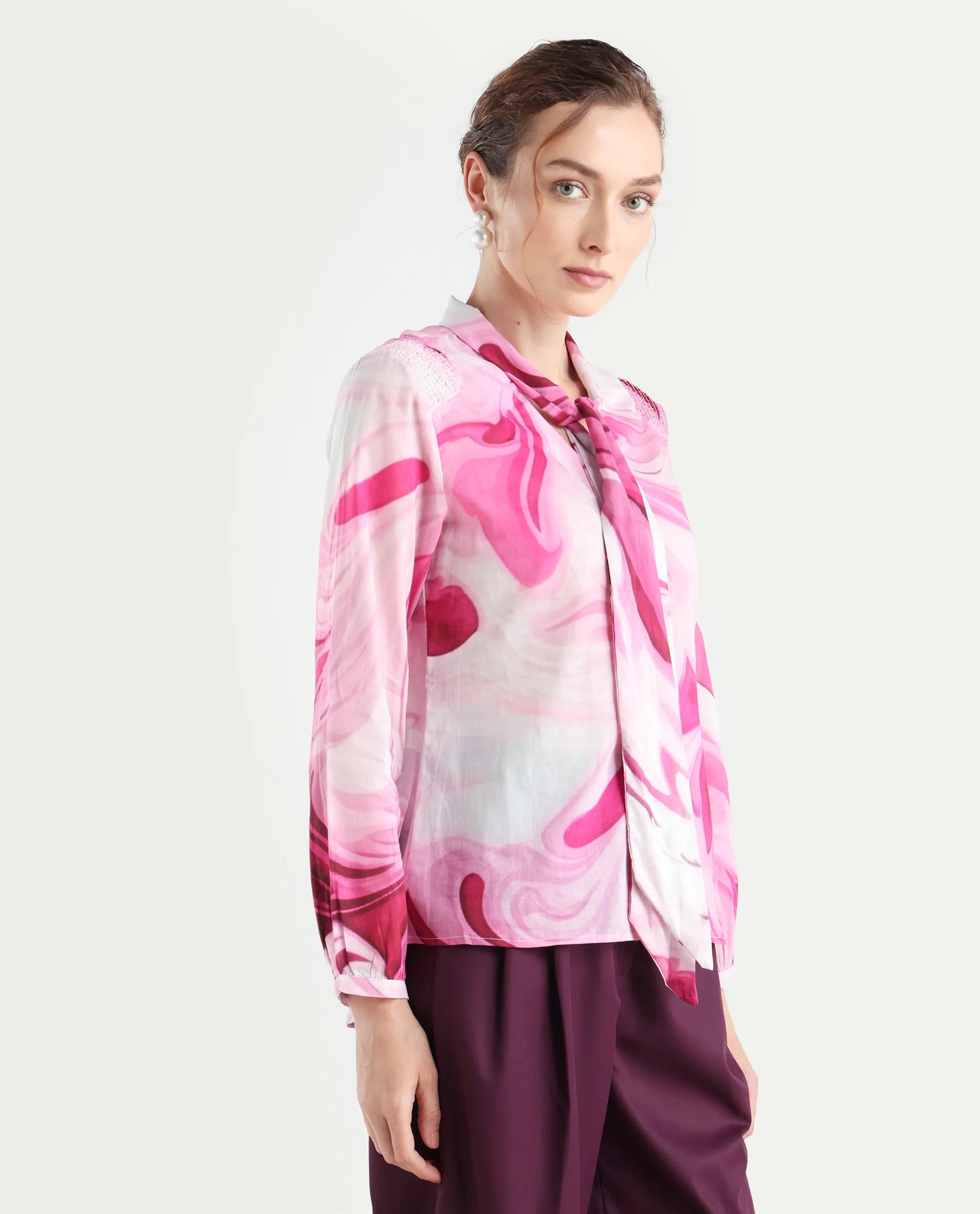 Rareism Women's Hushie Pink Cotton Tie-Up Neck Abstract Print Cuffed Sleeve Regular Fit Top