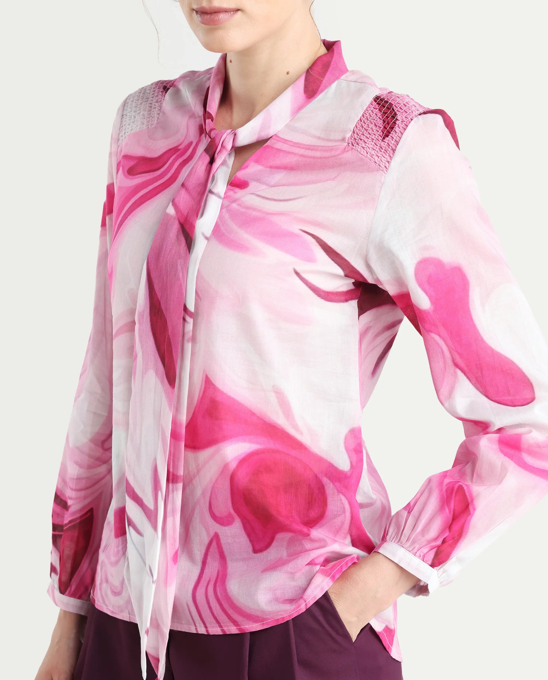 Rareism Women's Hushie Pink Cotton Tie-Up Neck Abstract Print Cuffed Sleeve Regular Fit Top