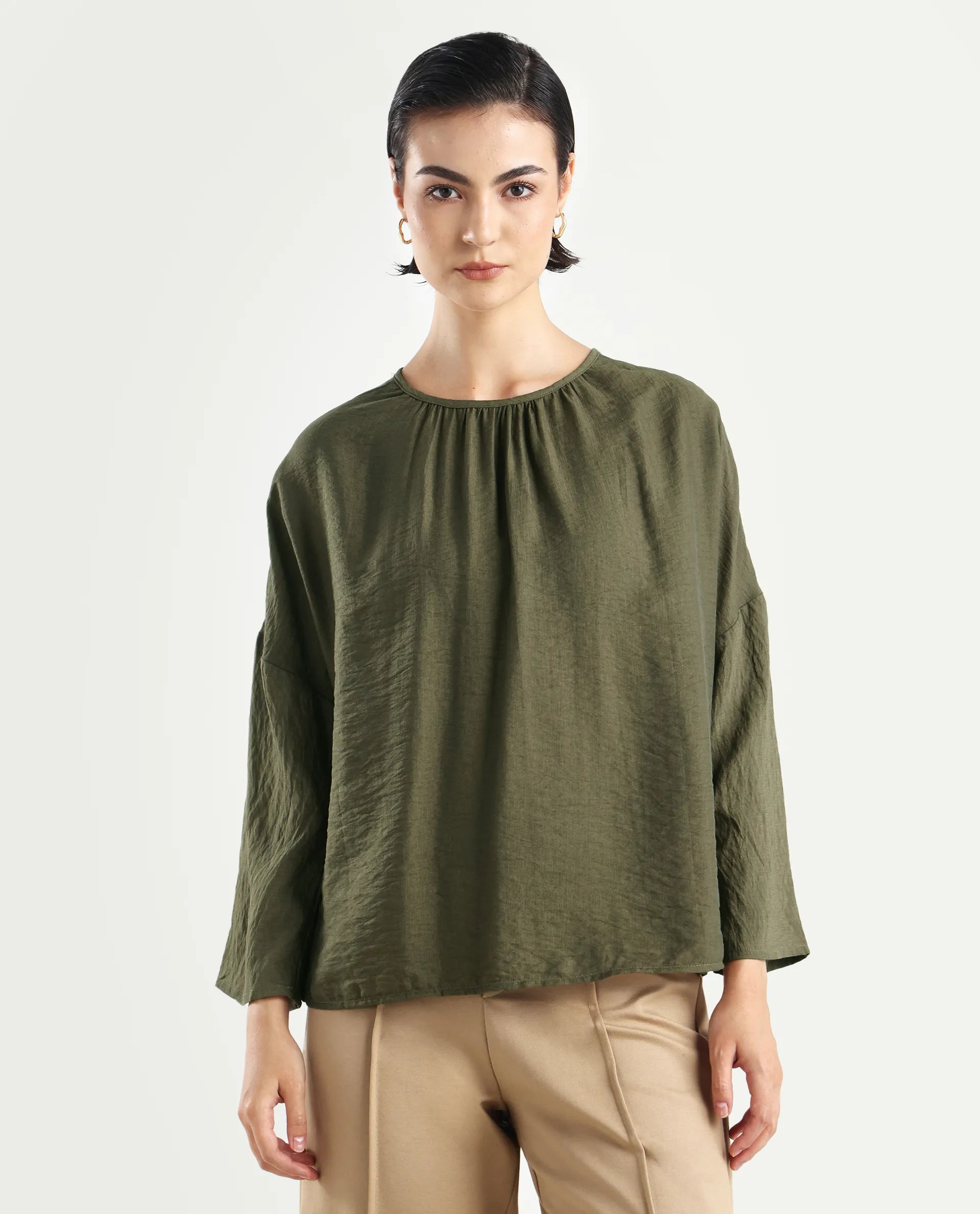 Rareism Women's Husik Olive Viscose Blend Crew Neck Plain Raglan Sleeve Relaxed Fit Top