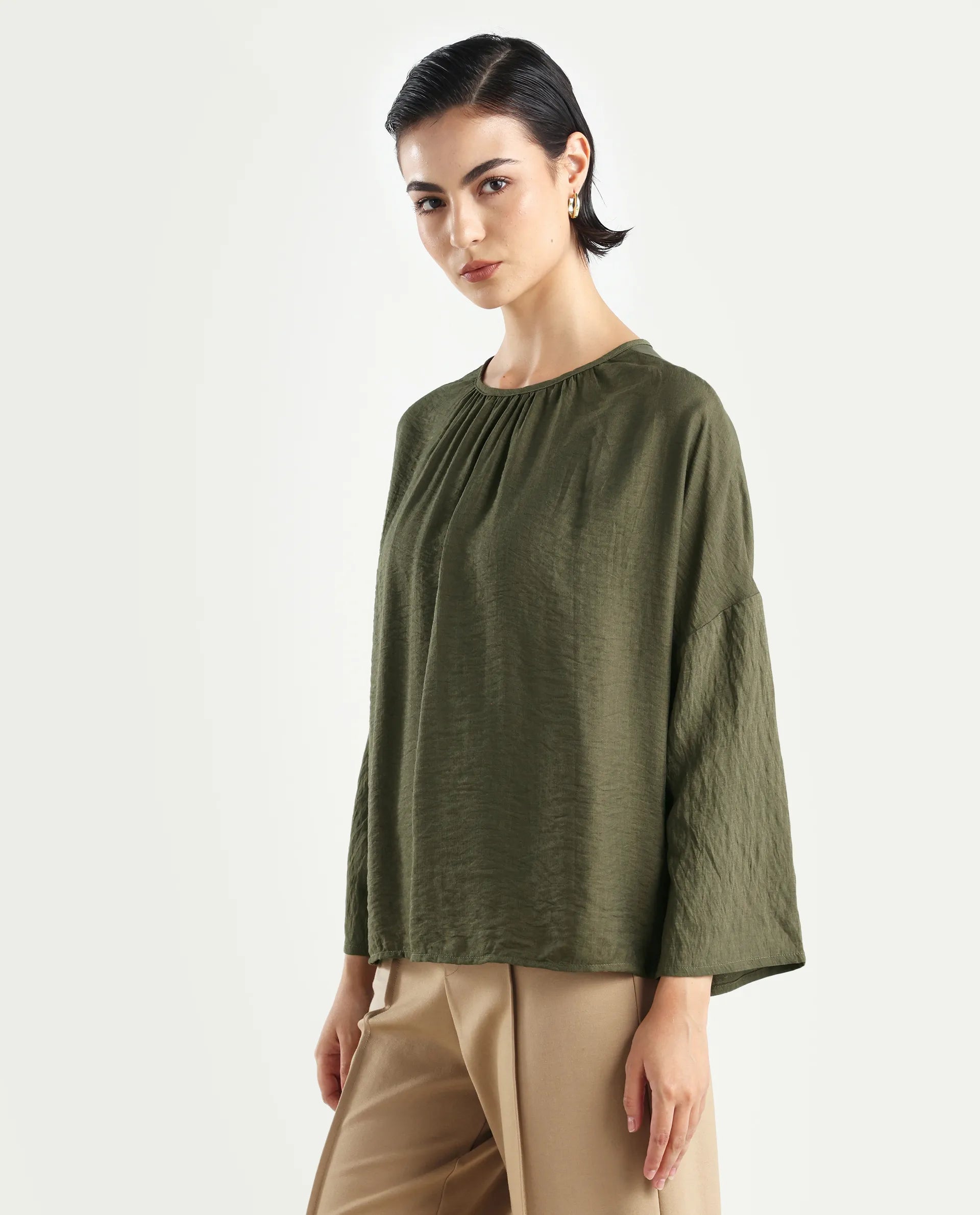 Rareism Women's Husik Olive Viscose Blend Crew Neck Plain Raglan Sleeve Relaxed Fit Top