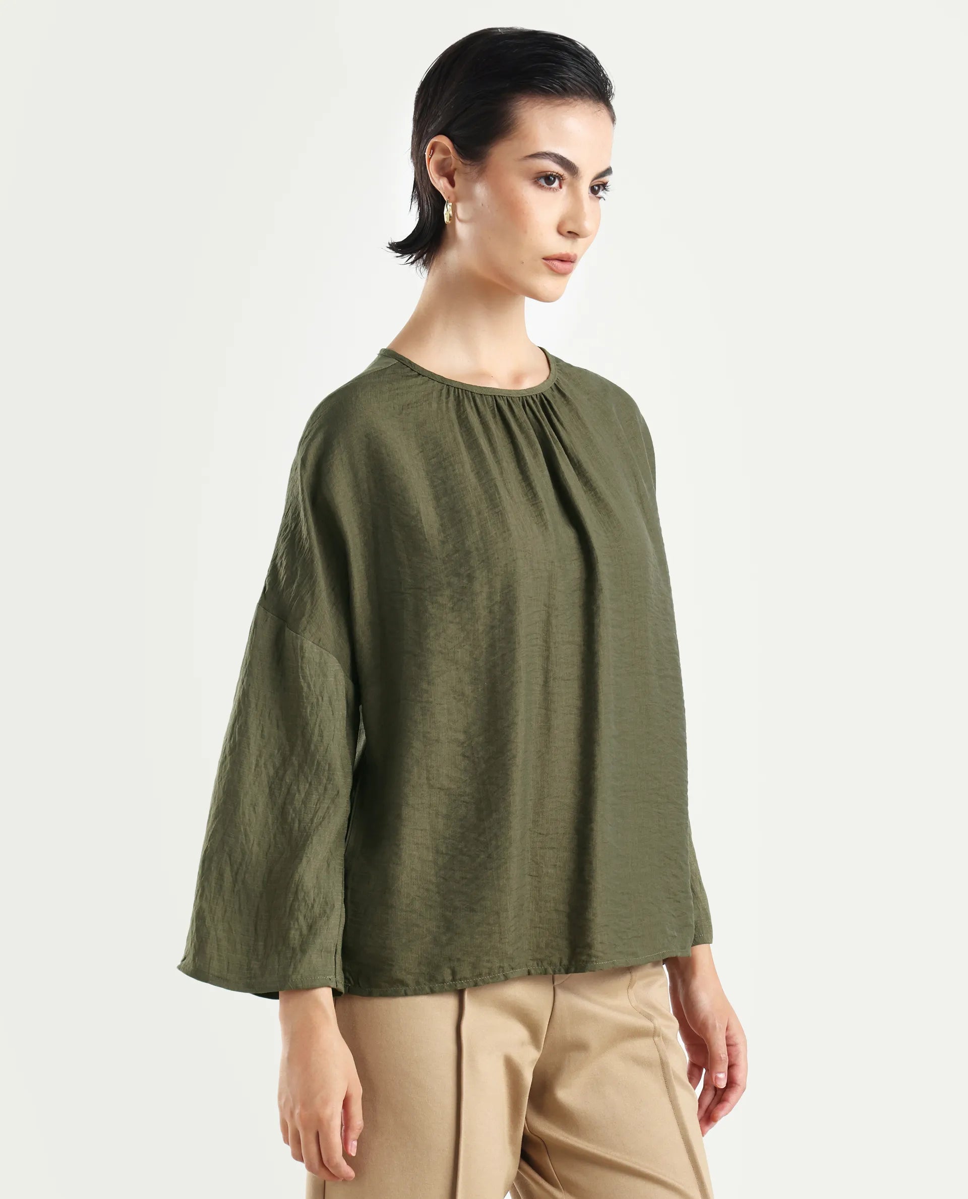 Rareism Women's Husik Olive Viscose Blend Crew Neck Plain Raglan Sleeve Relaxed Fit Top