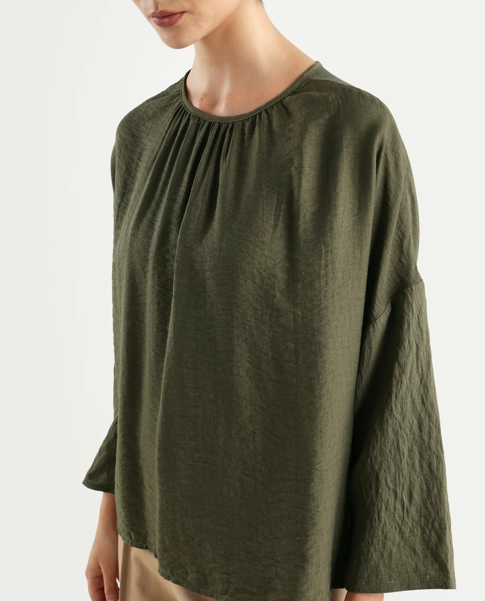 Rareism Women's Husik Olive Viscose Blend Crew Neck Plain Raglan Sleeve Relaxed Fit Top