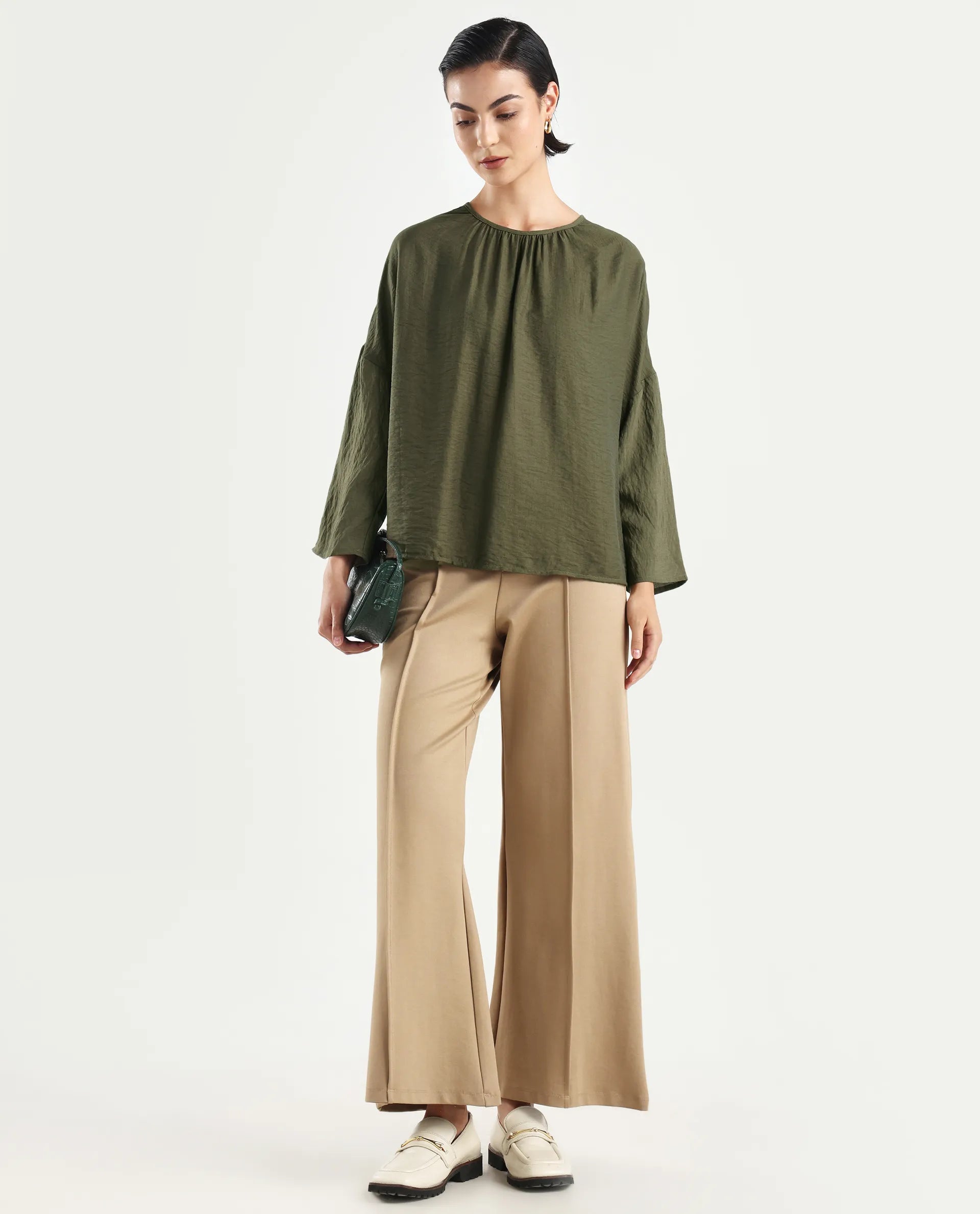 Rareism Women's Husik Olive Viscose Blend Crew Neck Plain Raglan Sleeve Relaxed Fit Top