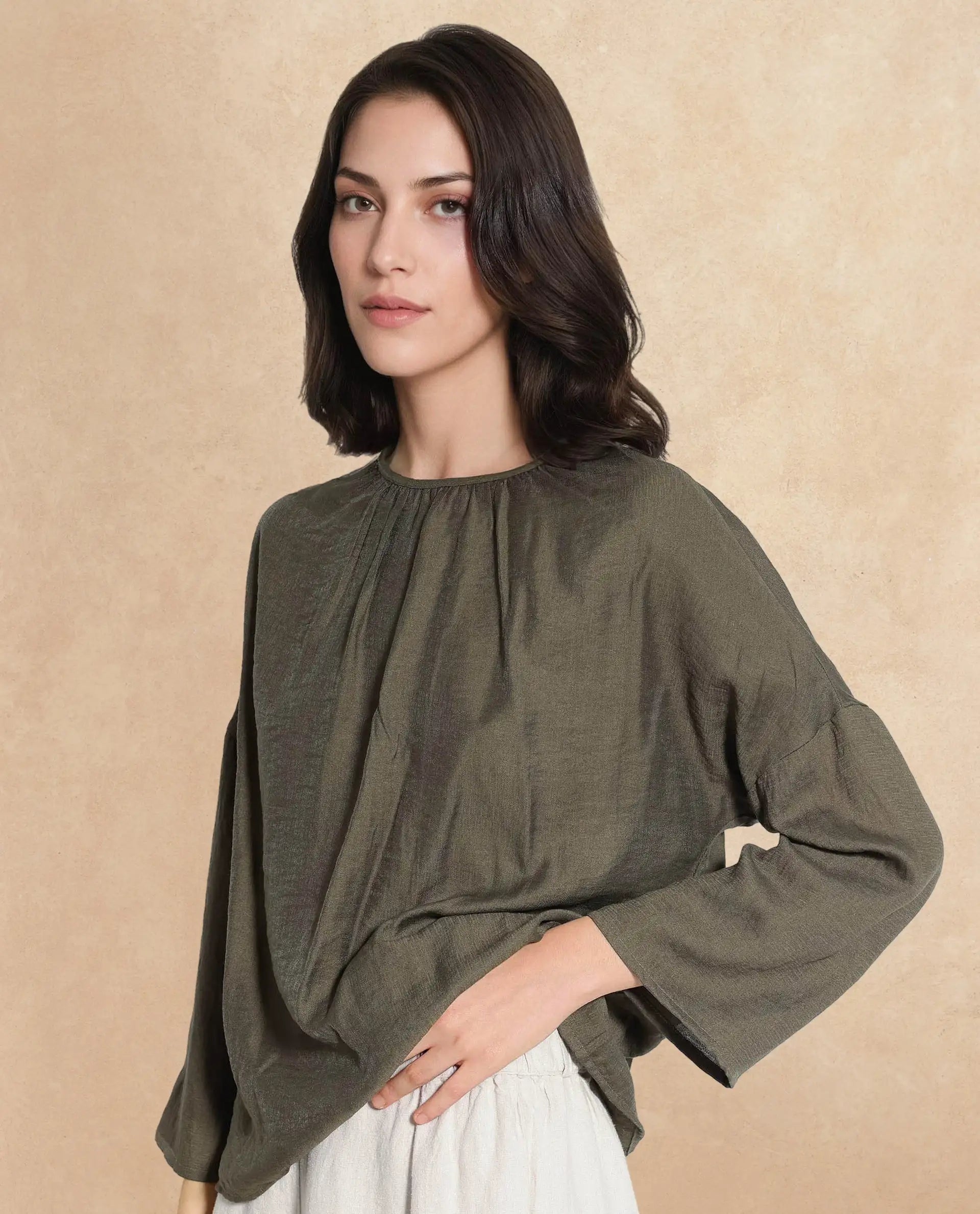 Rareism Women Husik Olive Raglan Sleeves Crew Neck Relaxed Fit Plain Top