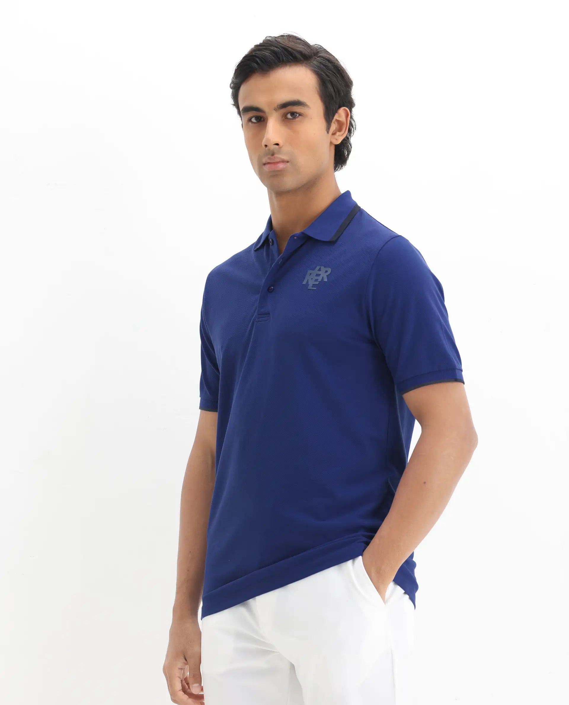 Rare Rabbit Men's Hux Blue Cotton Plain Regular Fit Half Sleeve Polo