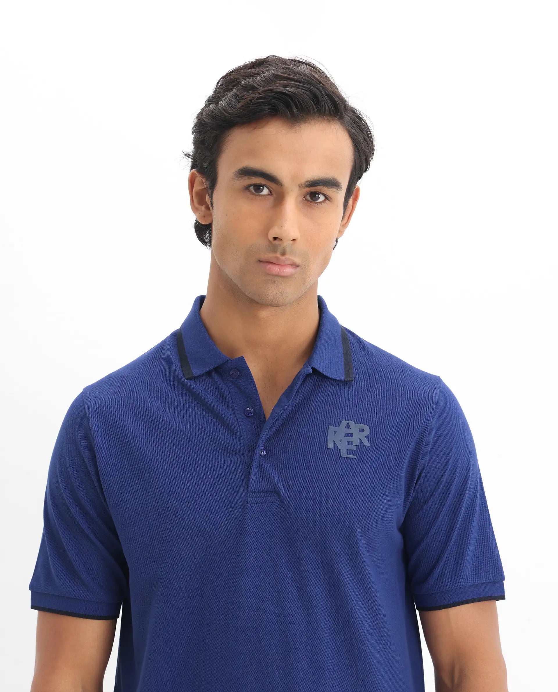 Rare Rabbit Men's Hux Blue Cotton Plain Regular Fit Half Sleeve Polo