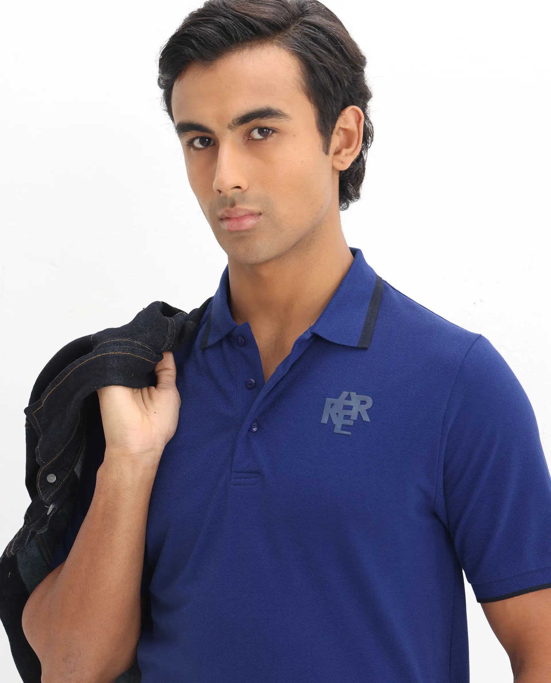 Rare Rabbit Men's Hux Blue Cotton Plain Regular Fit Half Sleeve Polo