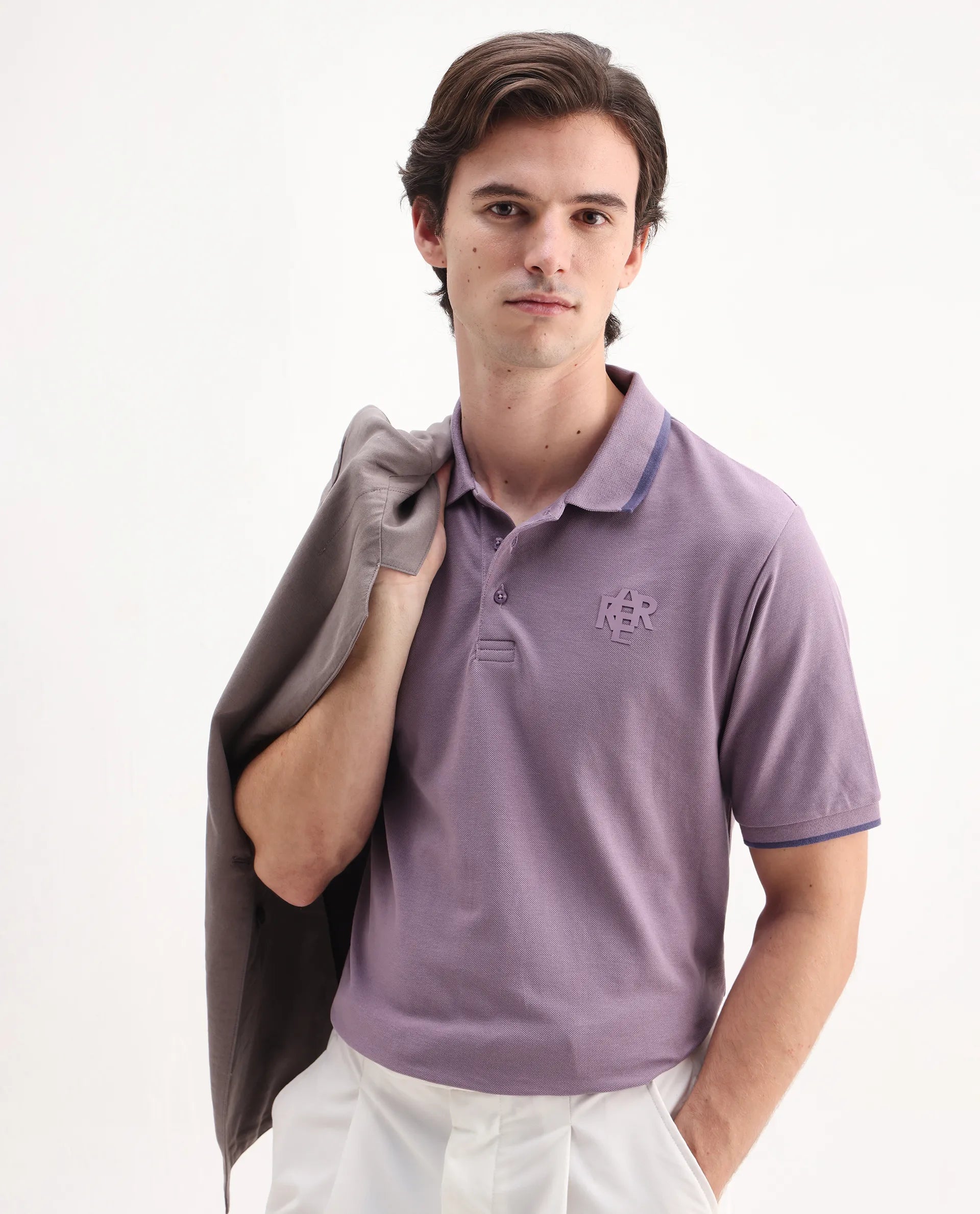 Rare Rabbit Men's Hux Dusky Purple Cotton Plain Regular Fit Half Sleeve Polo