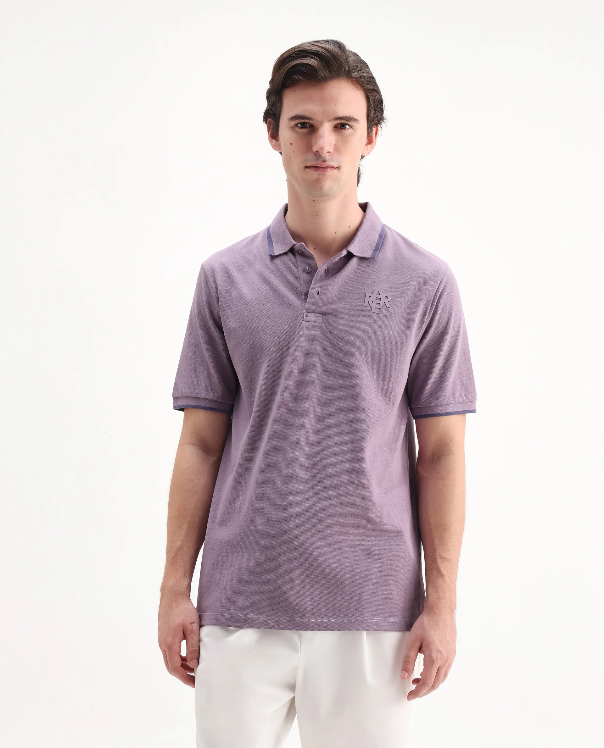 Rare Rabbit Men's Hux Dusky Purple Cotton Plain Regular Fit Half Sleeve Polo