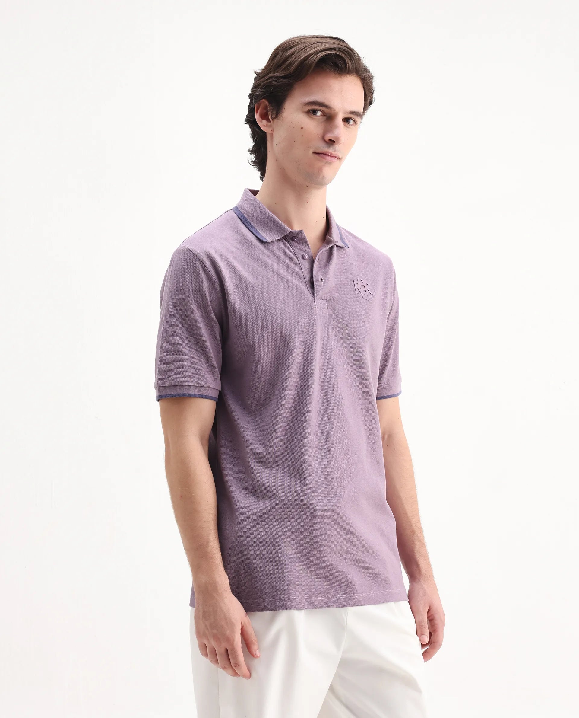 Rare Rabbit Men's Hux Dusky Purple Cotton Plain Regular Fit Half Sleeve Polo