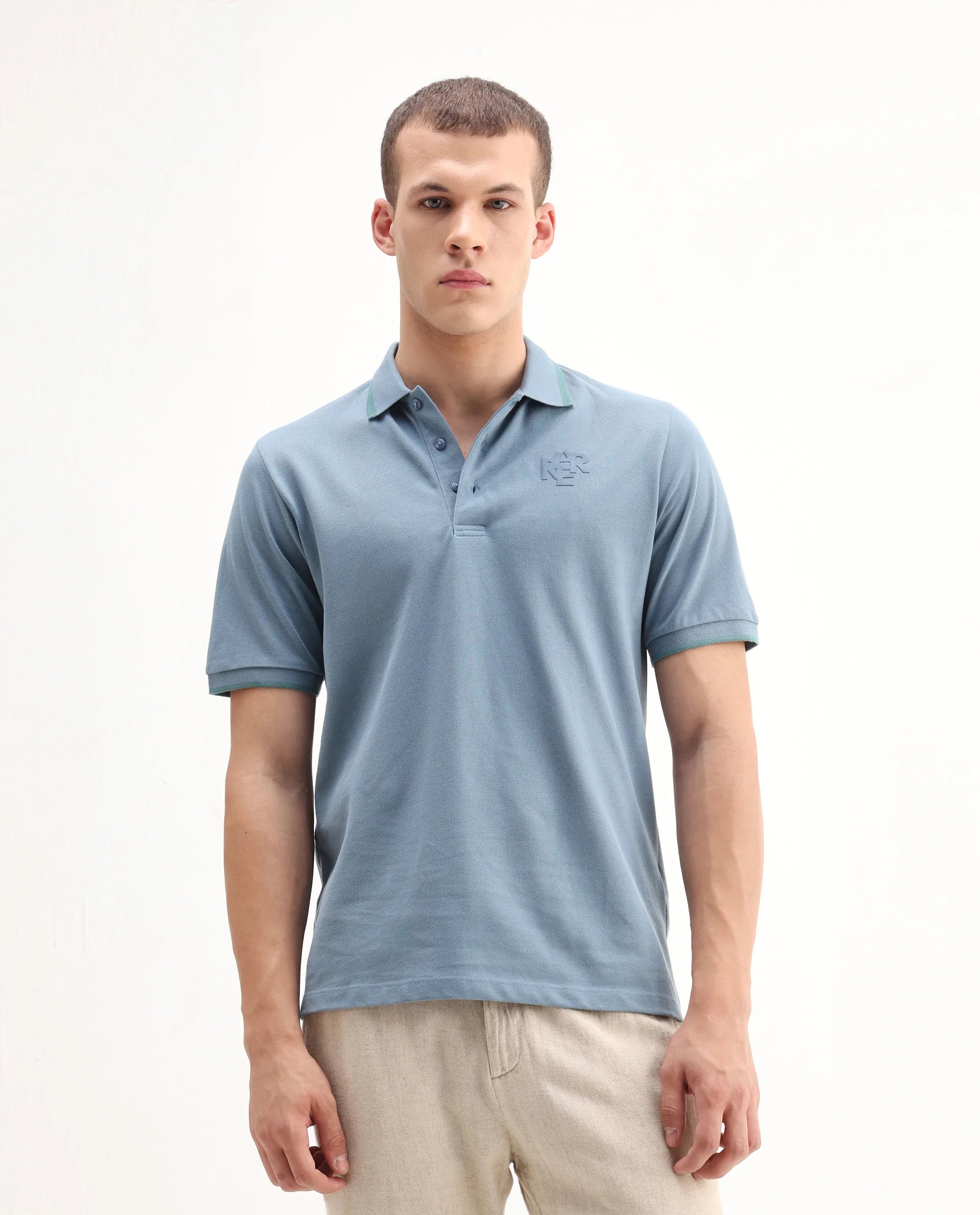 Rare Rabbit Men's Hux Dusky Teal Cotton Plain Regular Fit Half Sleeve Polo