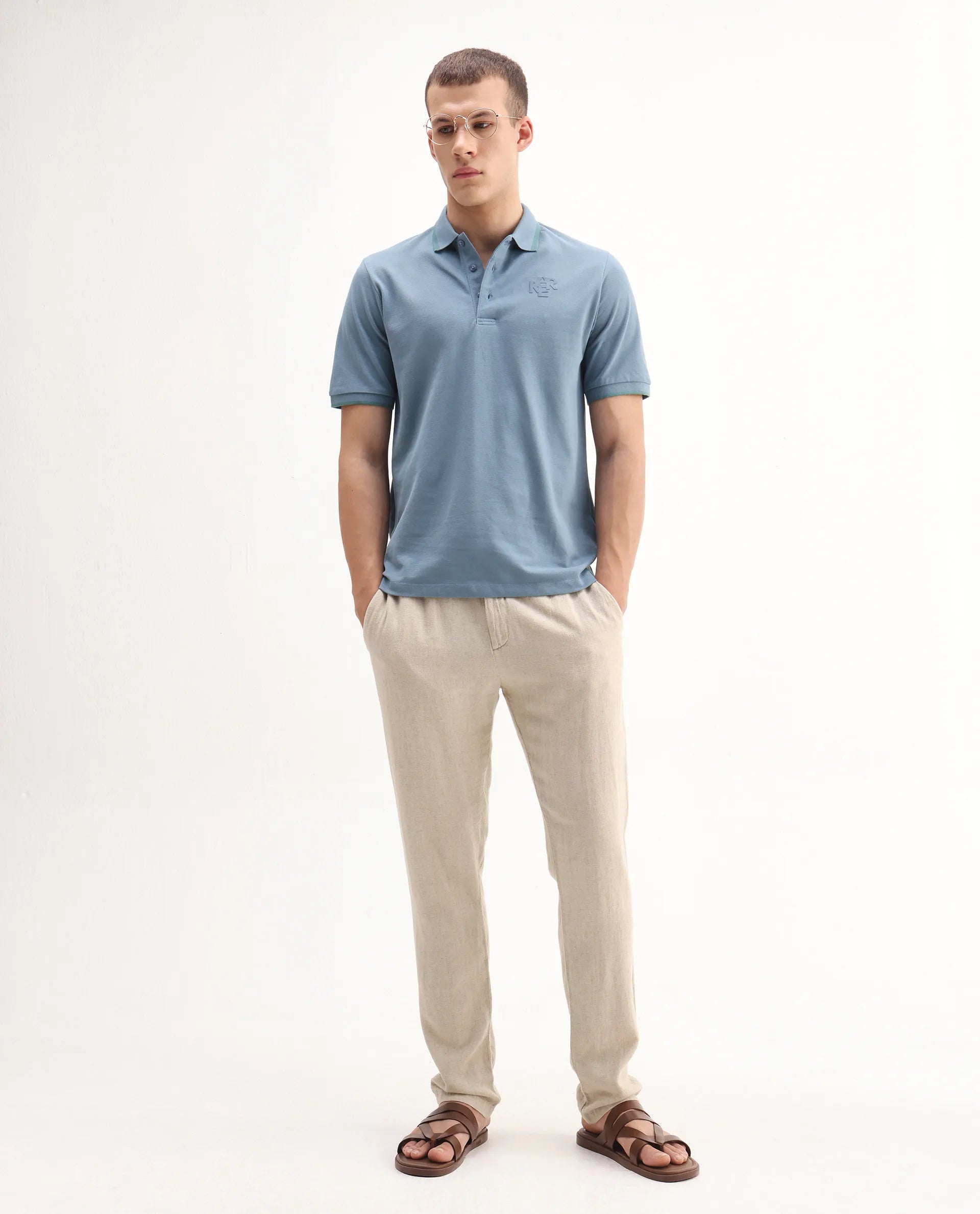 Rare Rabbit Men's Hux Dusky Teal Cotton Plain Regular Fit Half Sleeve Polo
