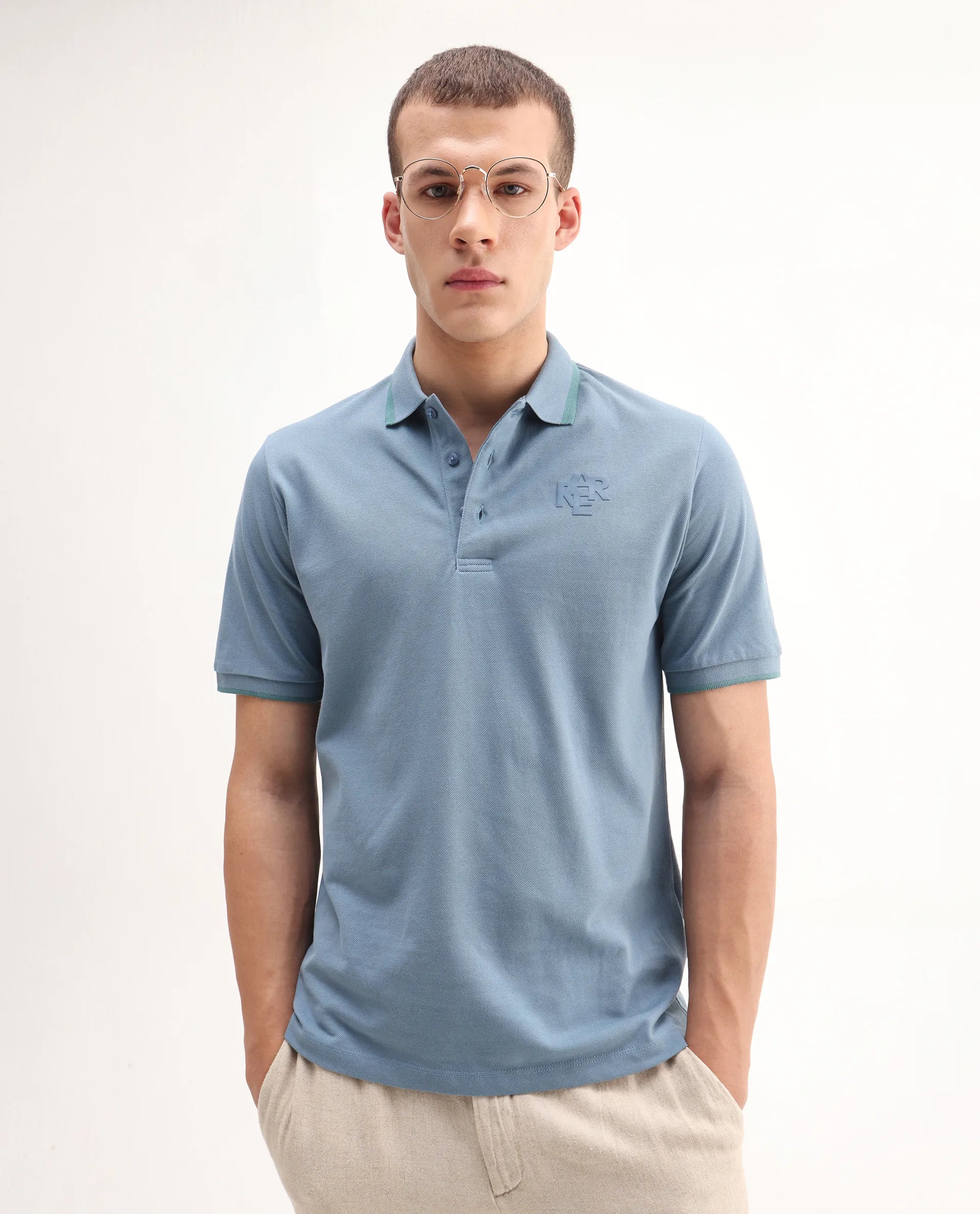 Rare Rabbit Men's Hux Dusky Teal Cotton Plain Regular Fit Half Sleeve Polo
