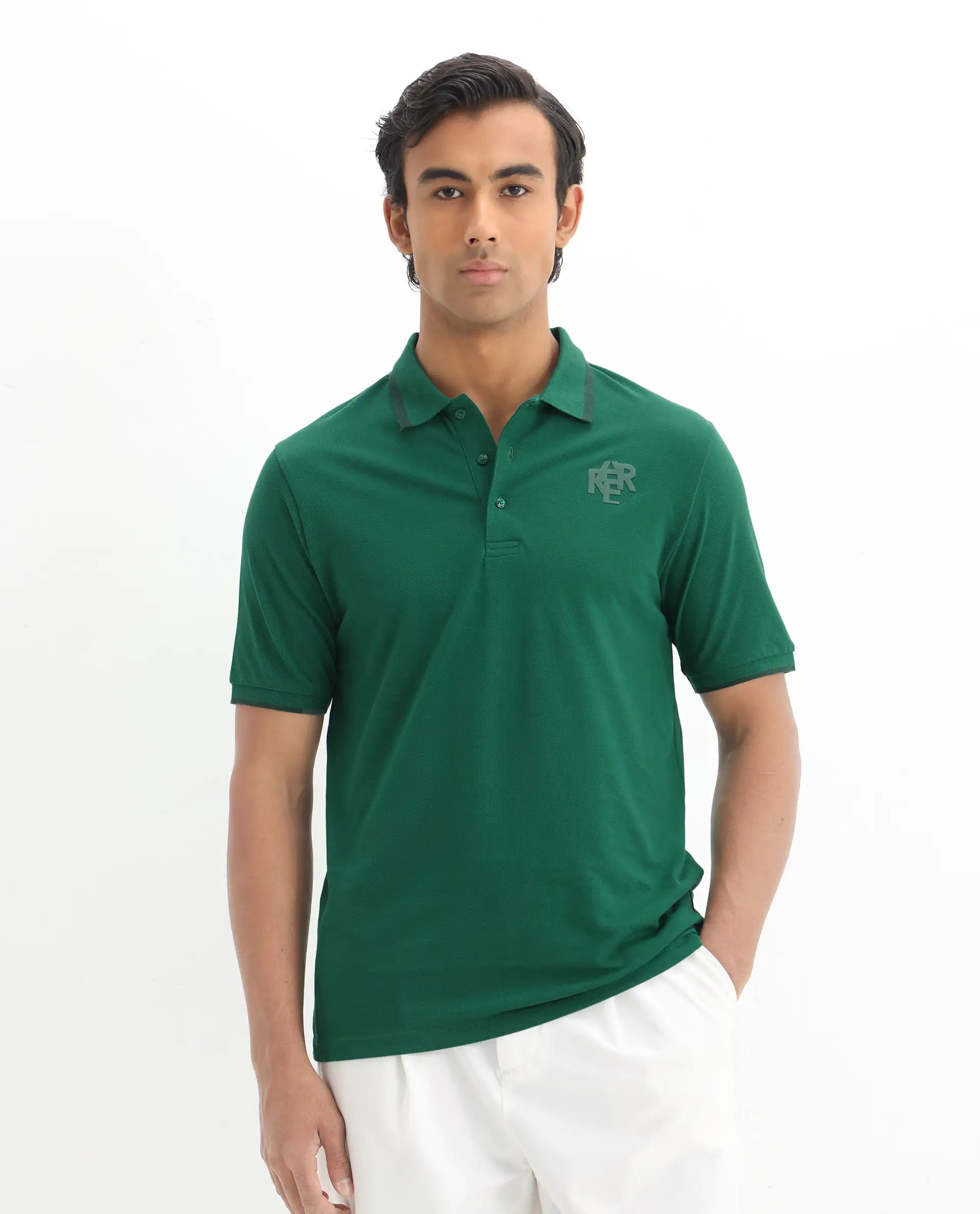Rare Rabbit Men's Hux Green Cotton Plain Regular Fit Half Sleeve Polo