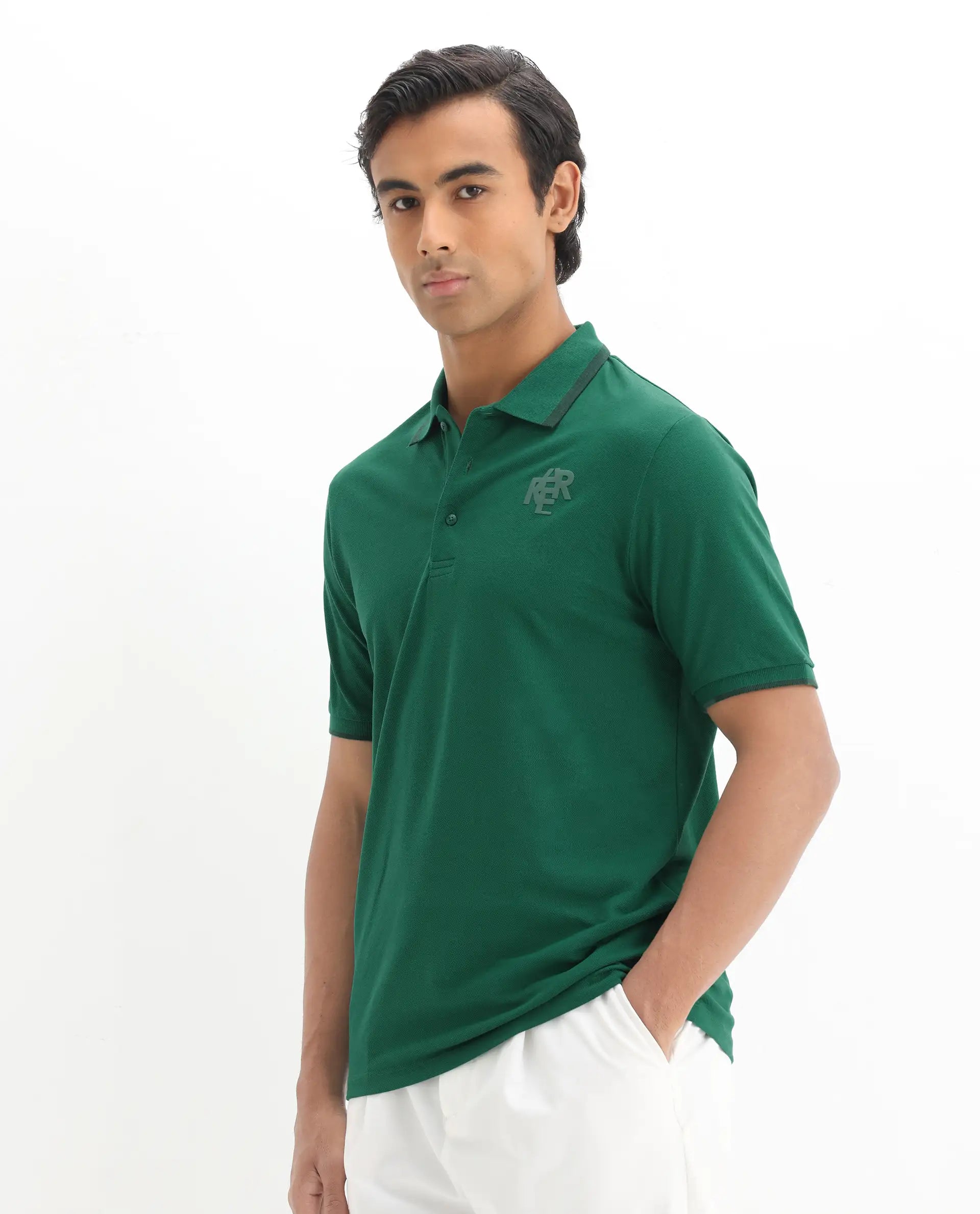 Rare Rabbit Men's Hux Green Cotton Plain Regular Fit Half Sleeve Polo
