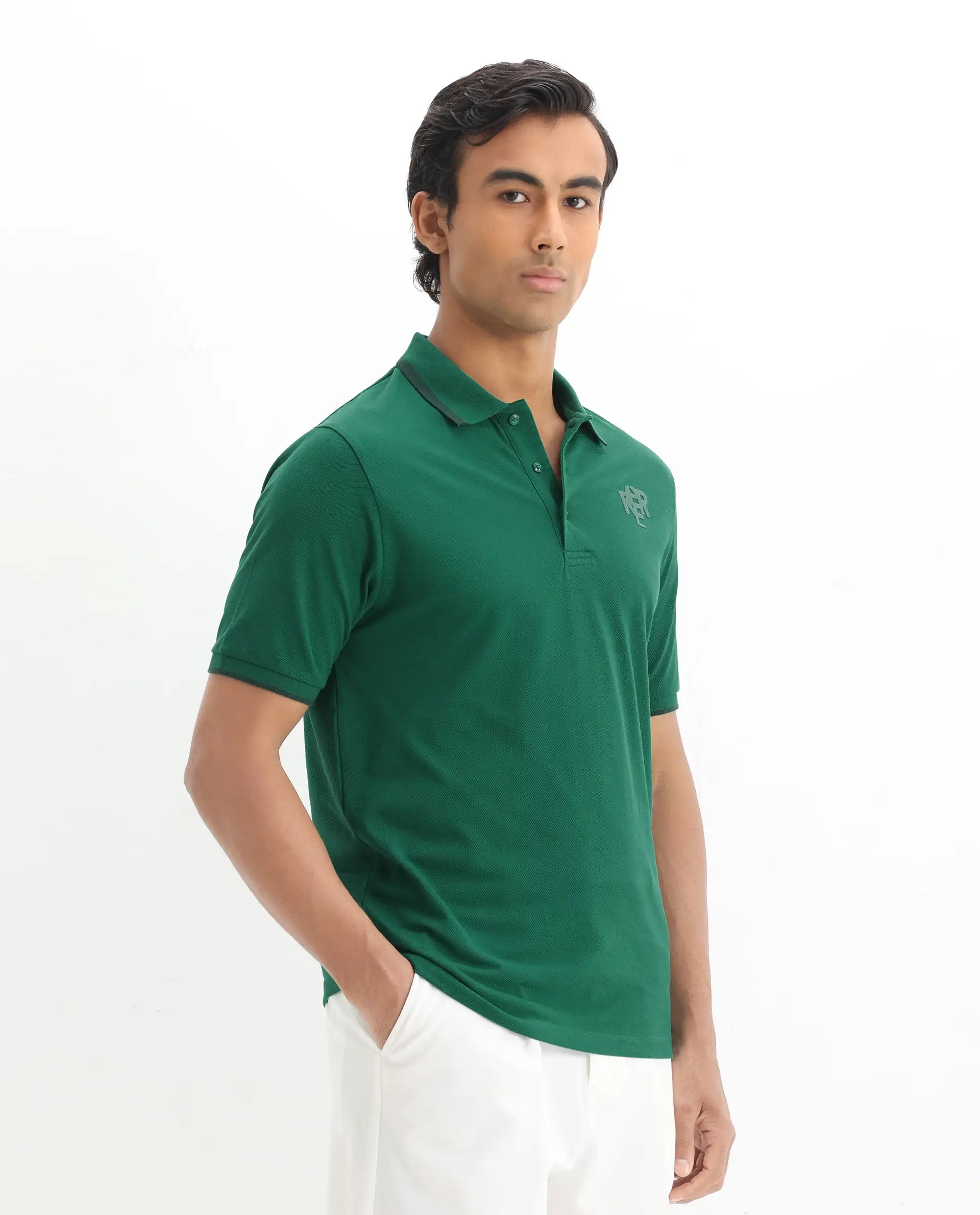 Rare Rabbit Men's Hux Green Cotton Plain Regular Fit Half Sleeve Polo