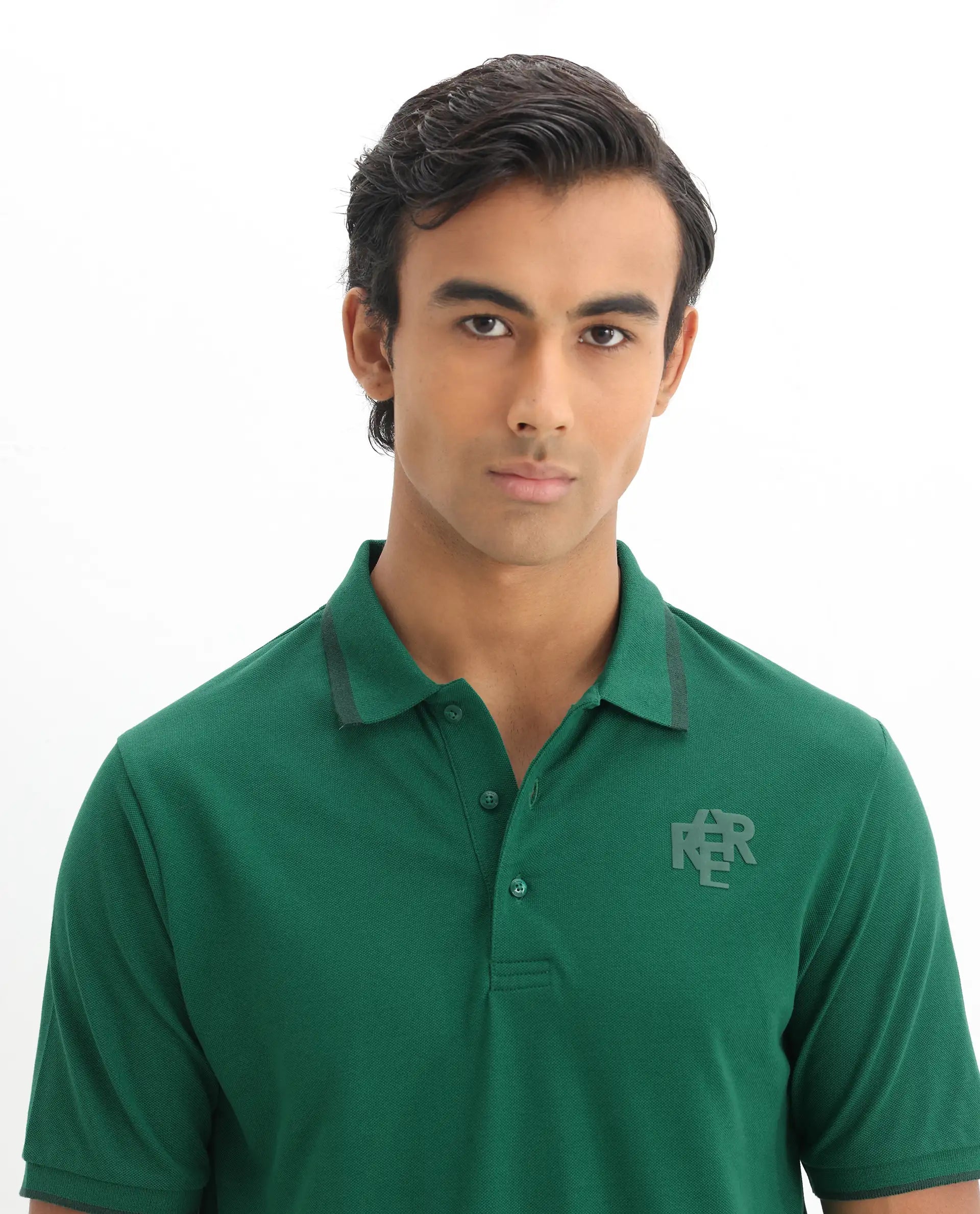 Rare Rabbit Men's Hux Green Cotton Plain Regular Fit Half Sleeve Polo