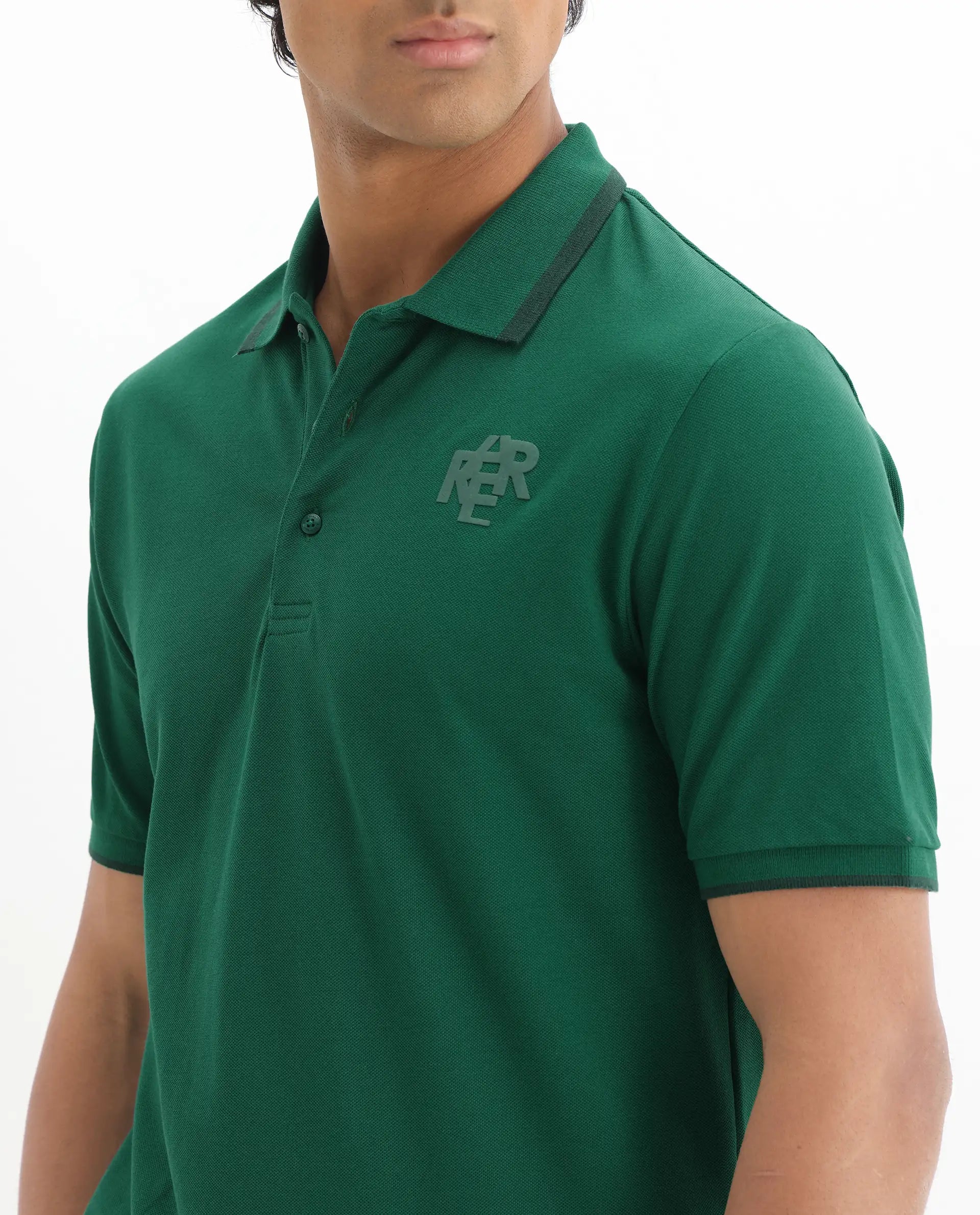 Rare Rabbit Men's Hux Green Cotton Plain Regular Fit Half Sleeve Polo