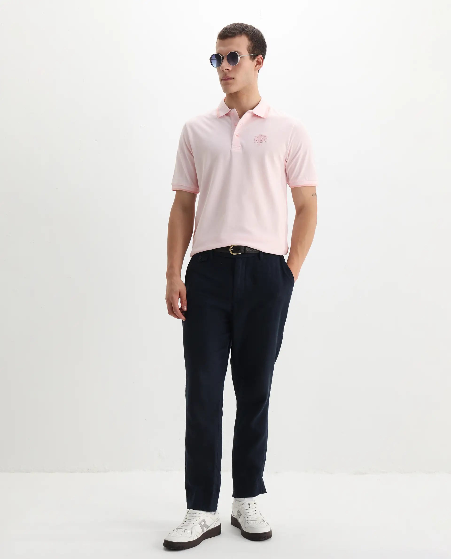 Rare Rabbit Men's Hux Pastel Pink Cotton Plain Regular Fit Half Sleeve Polo