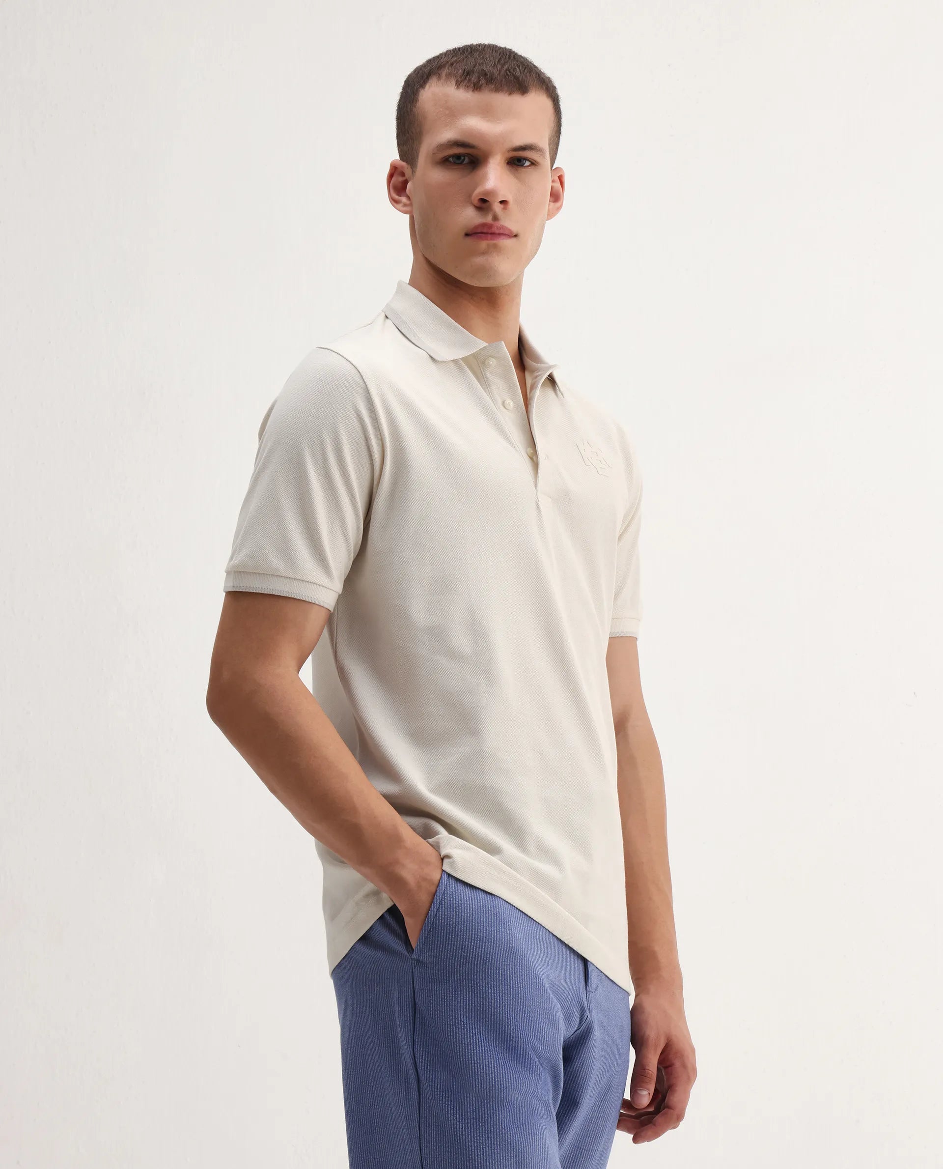 Rare Rabbit Men's Hux Pastel Yellow Cotton Plain Regular Fit Half Sleeve Polo