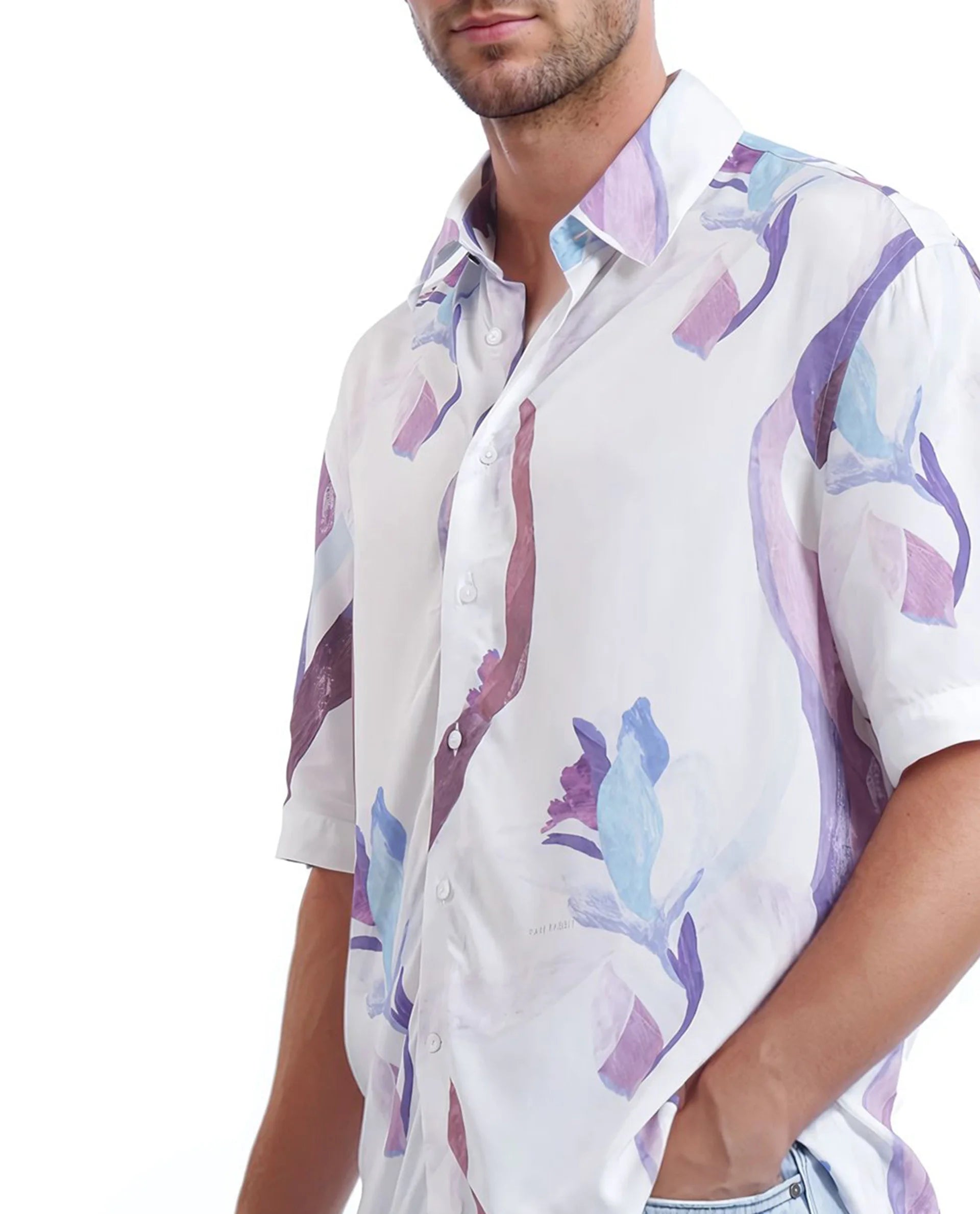 Rare Rabbit Men Hydra White Viscose Fabric Half Sleeve Floral Printed Boxy Fit Shirt