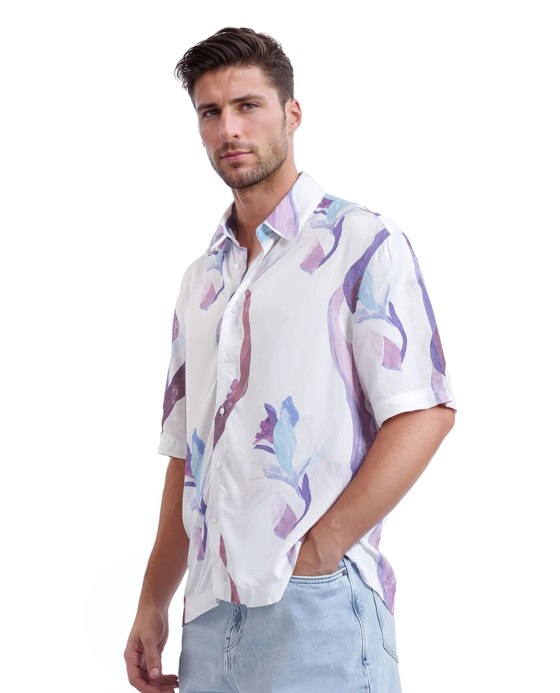 Rare Rabbit Men Hydra White Viscose Fabric Half Sleeve Floral Printed Boxy Fit Shirt