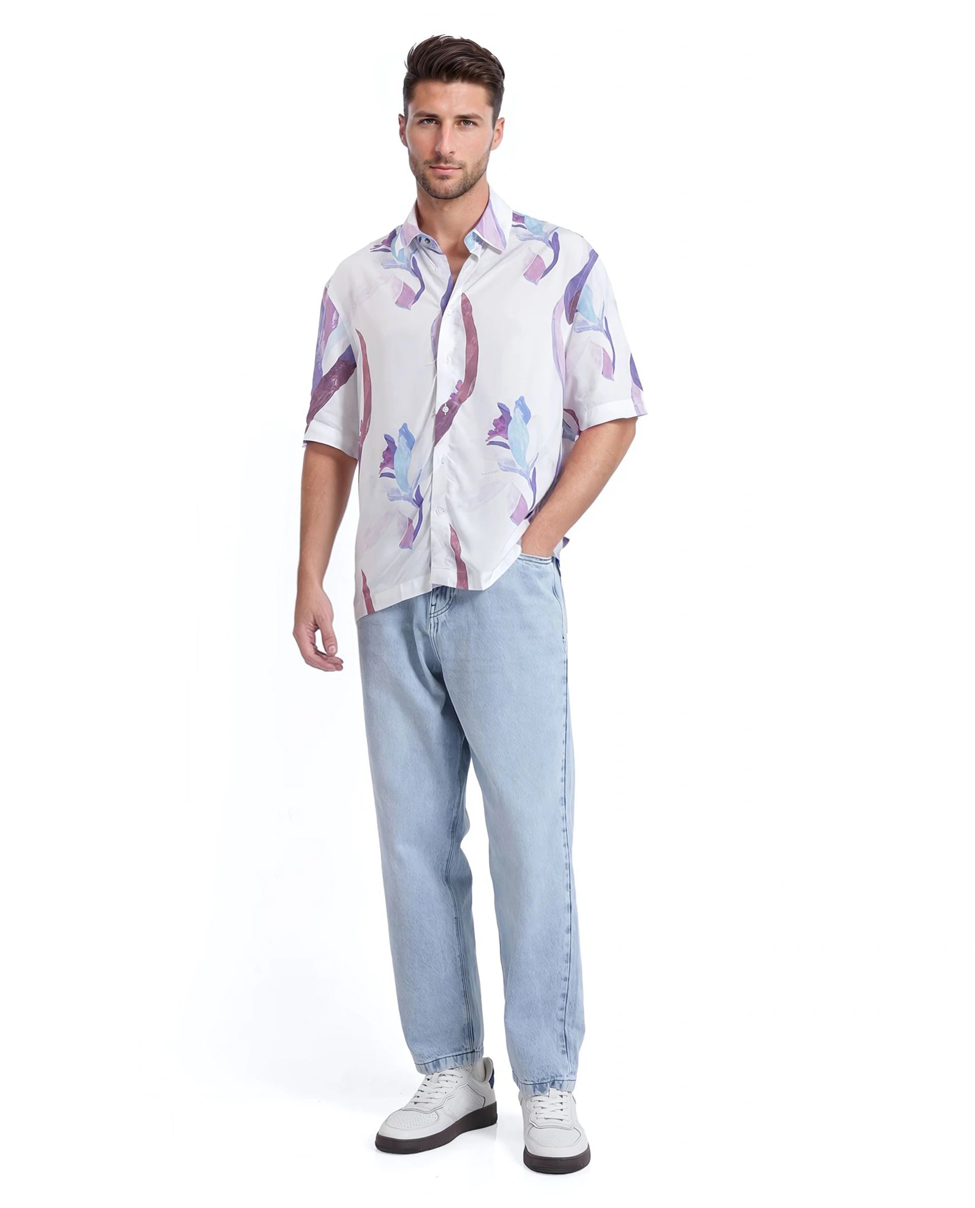 Rare Rabbit Men Hydra White Viscose Fabric Half Sleeve Floral Printed Boxy Fit Shirt