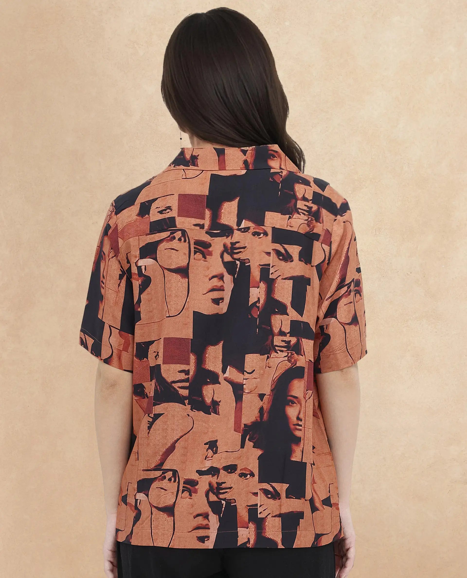 Rareism Women Hagen Brown Short Sleeve Collared Neck Relaxed Fit Abstract Print Shirt