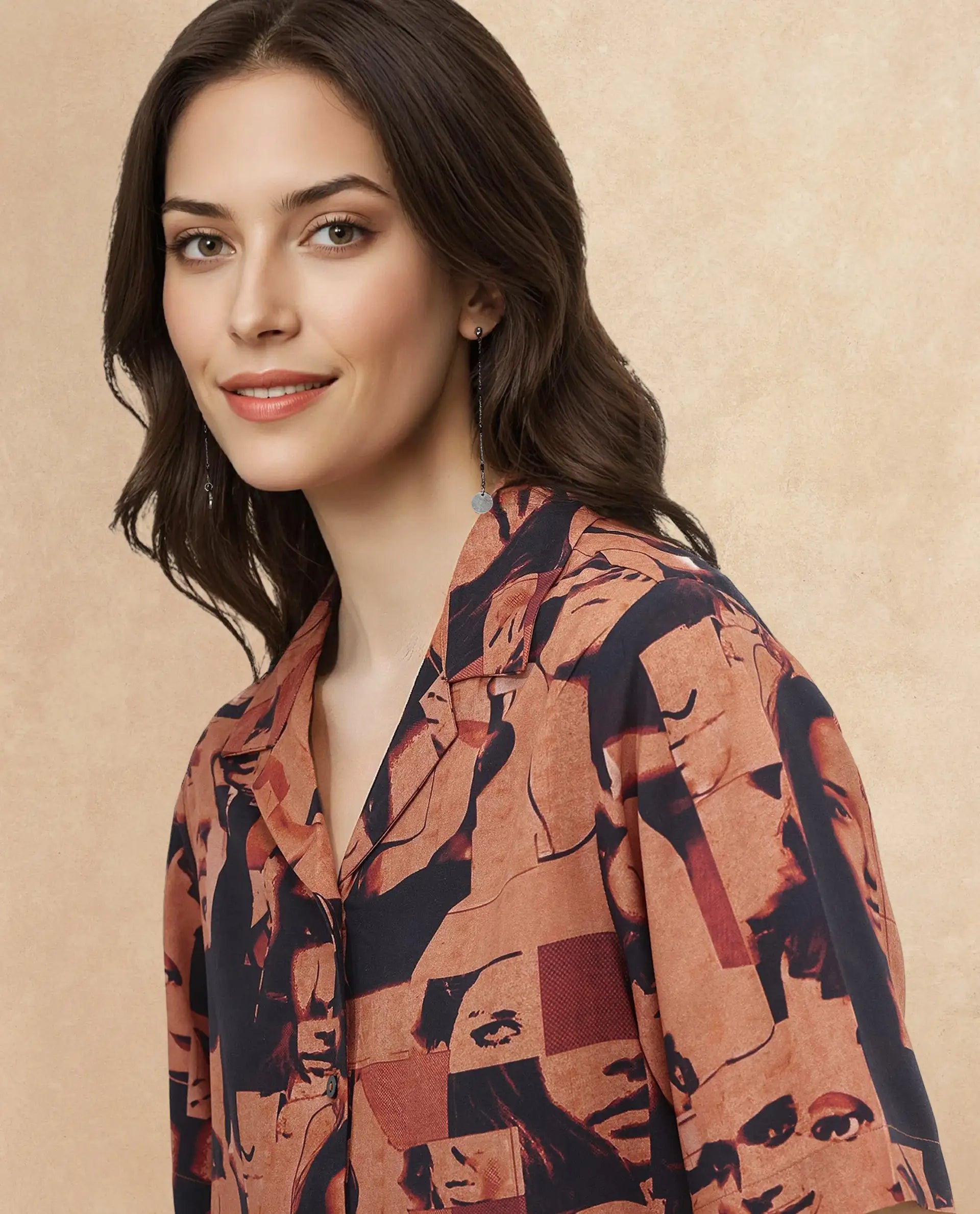 Rareism Women Hagen Brown Short Sleeve Collared Neck Relaxed Fit Abstract Print Shirt