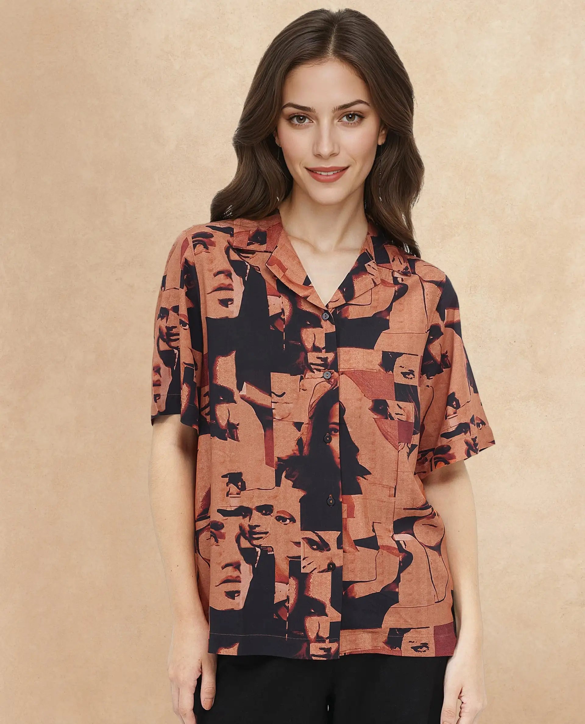 Rareism Women Hagen Brown Short Sleeve Collared Neck Relaxed Fit Abstract Print Shirt