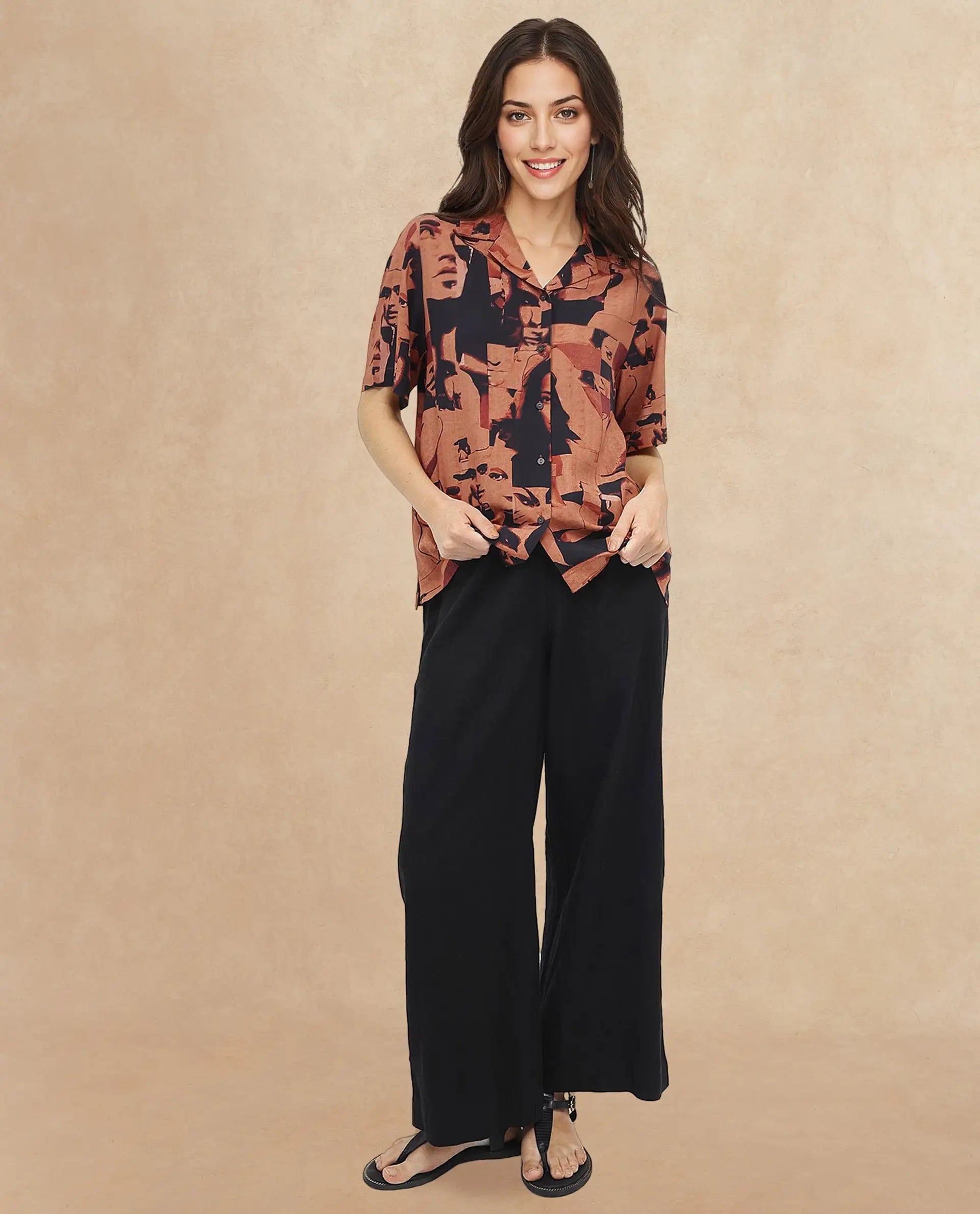 Rareism Women Hagen Brown Short Sleeve Collared Neck Relaxed Fit Abstract Print Shirt