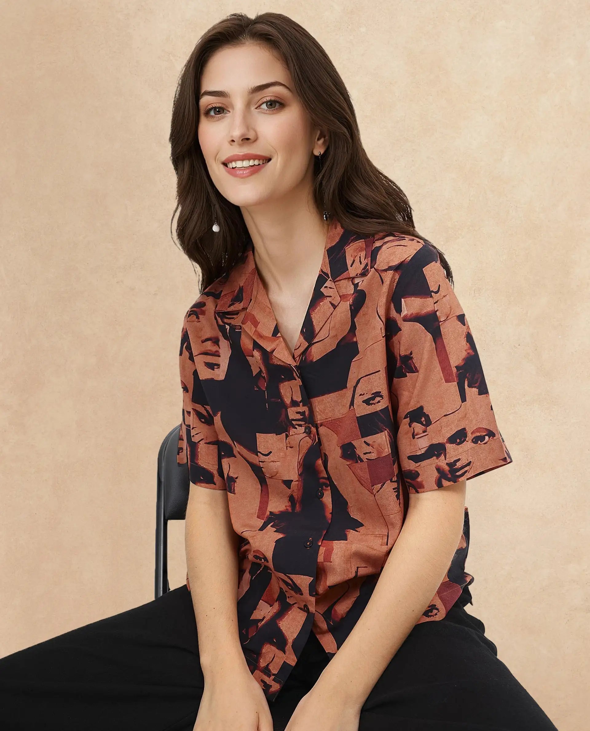 Rareism Women Hagen Brown Short Sleeve Collared Neck Relaxed Fit Abstract Print Shirt