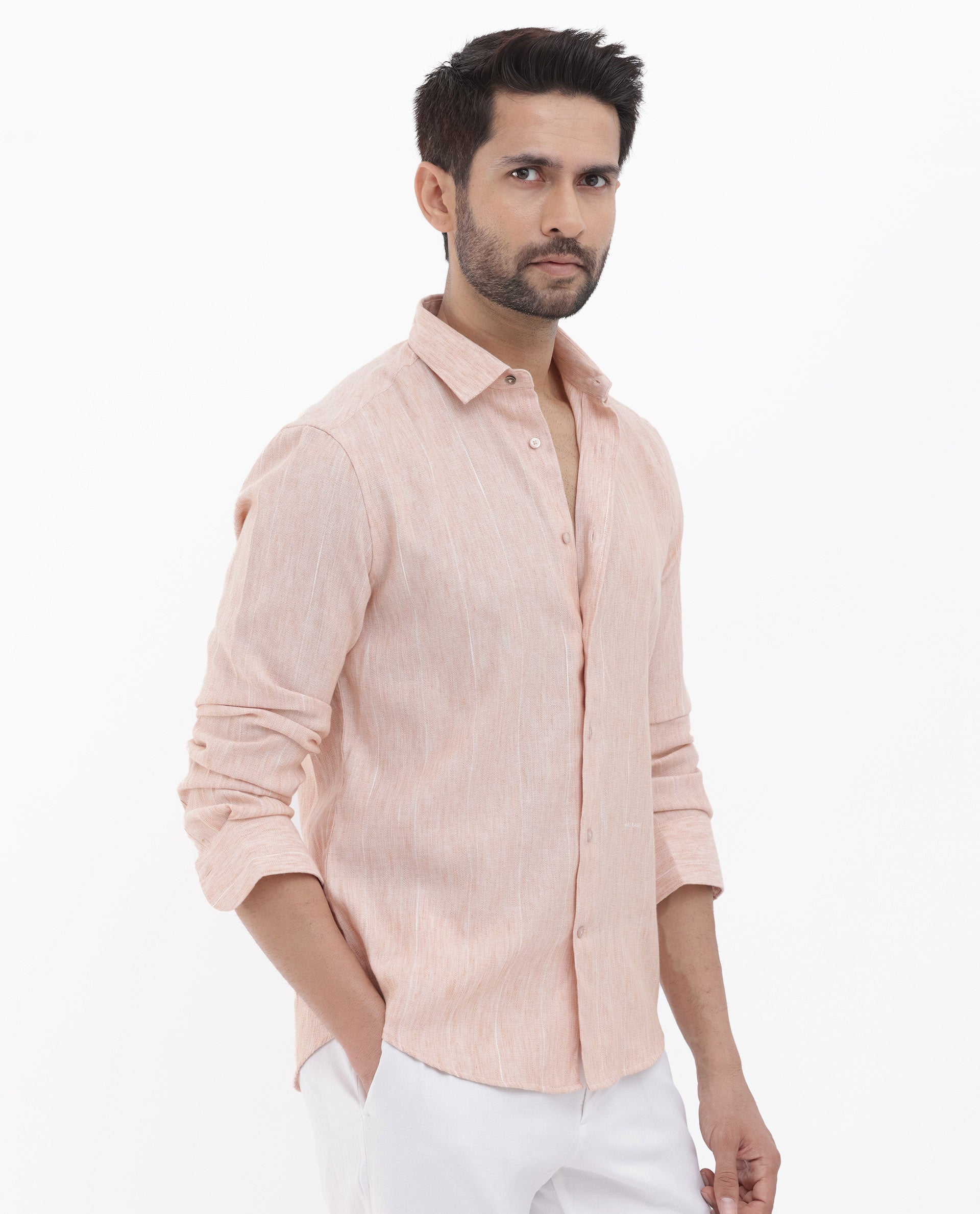Rare Rabbit Men's Halk Peach Cotton Fabric Melange Effect Full Sleeves Regular Fit Stripe Shirt