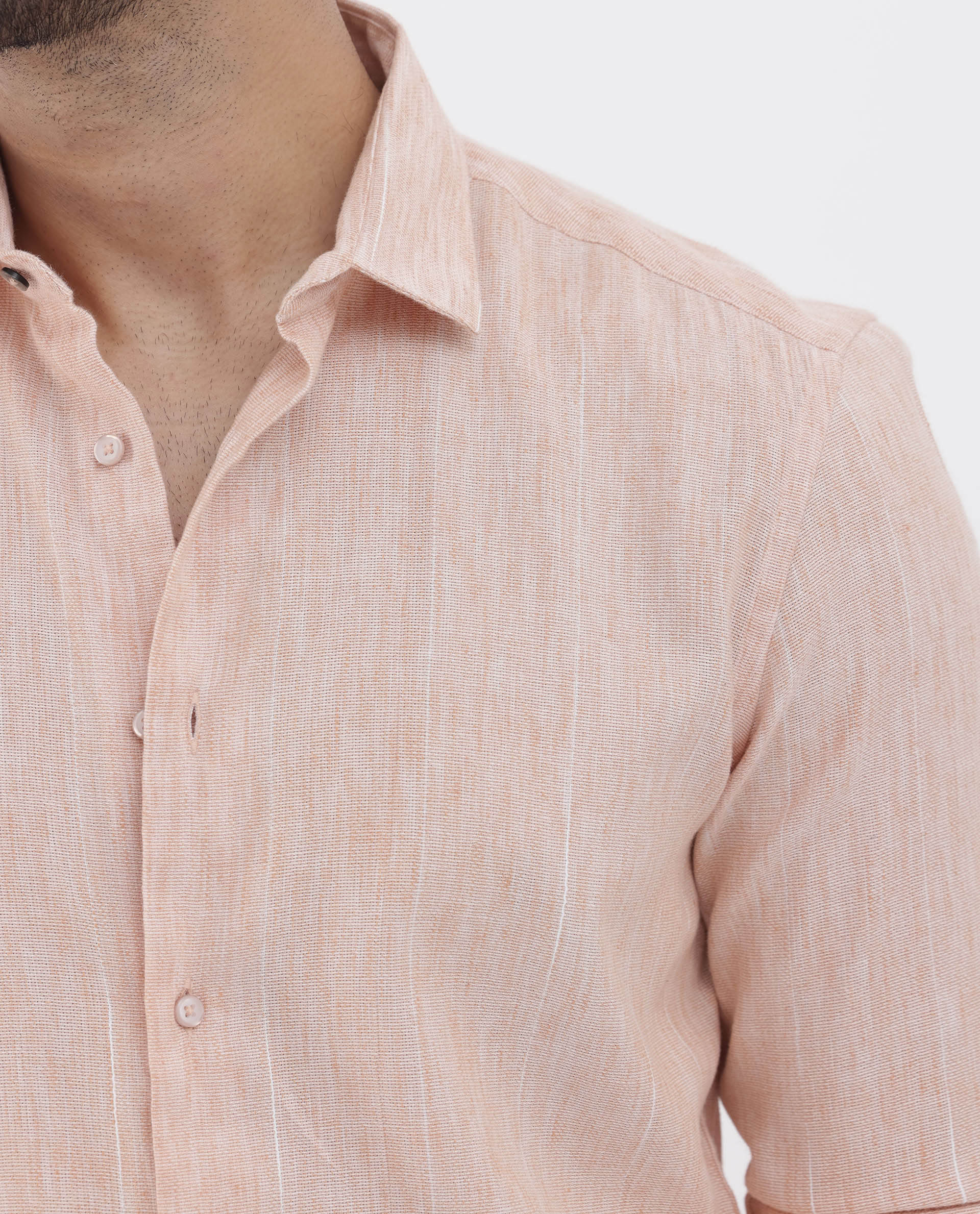 Rare Rabbit Men's Halk Peach Cotton Fabric Melange Effect Full Sleeves Regular Fit Stripe Shirt