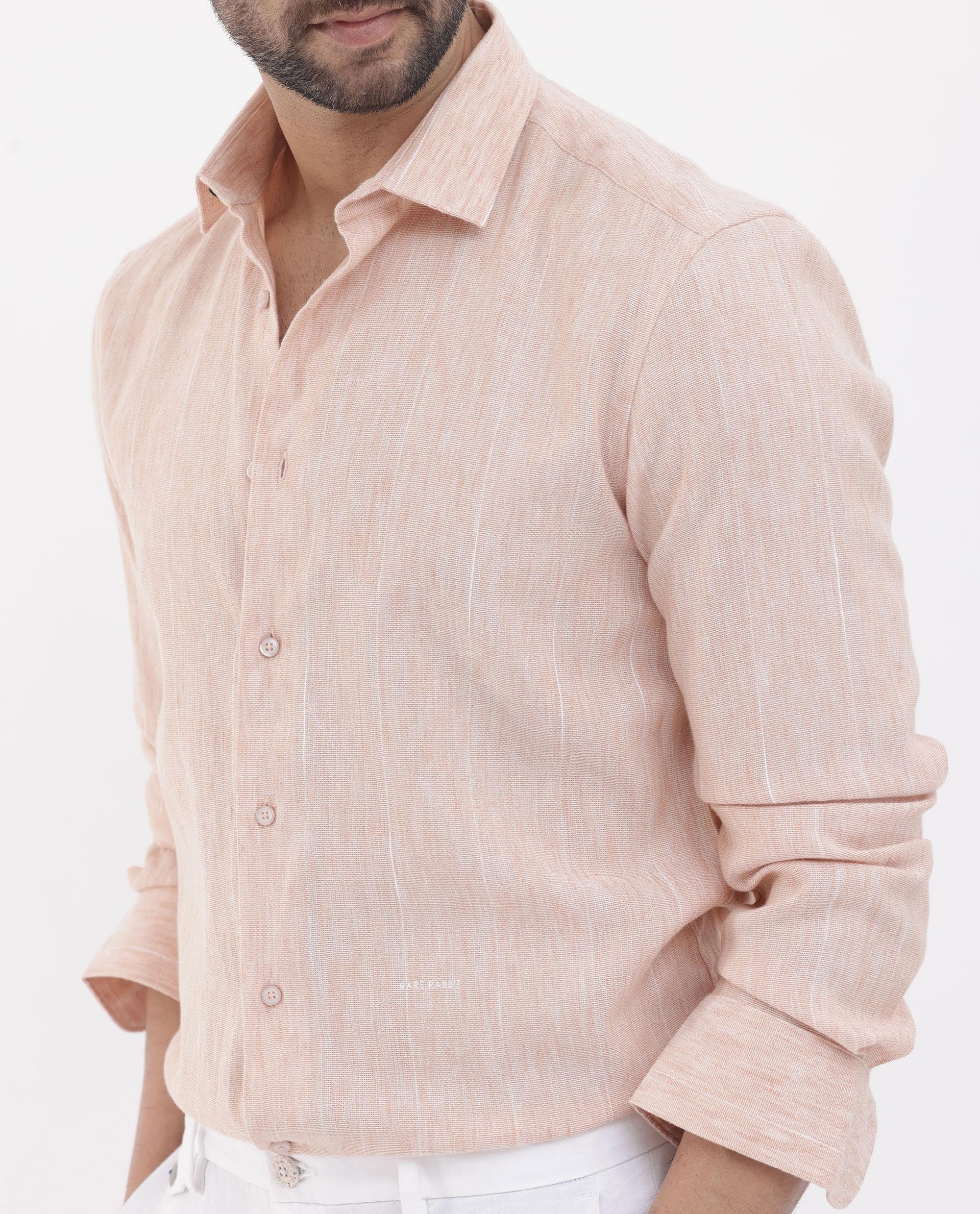 Rare Rabbit Men's Halk Peach Cotton Fabric Melange Effect Full Sleeves Regular Fit Stripe Shirt