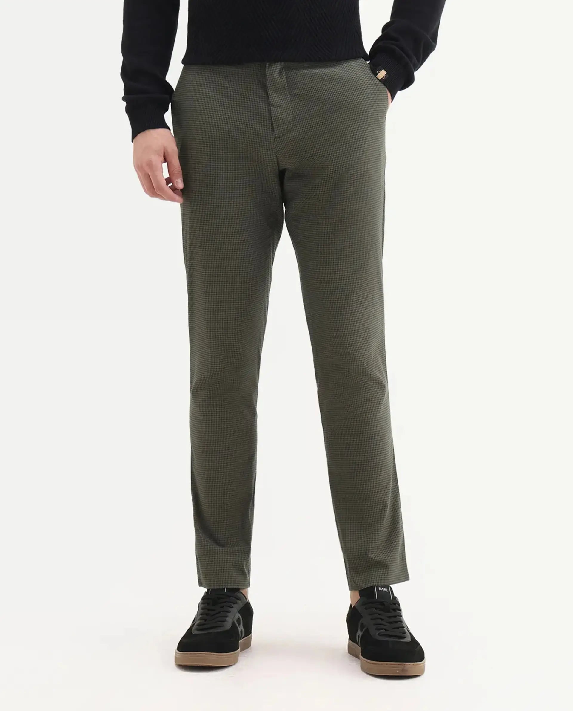 Rare Rabbit Men's Albion Green Cotton Checked Print Regular Fit Trouser