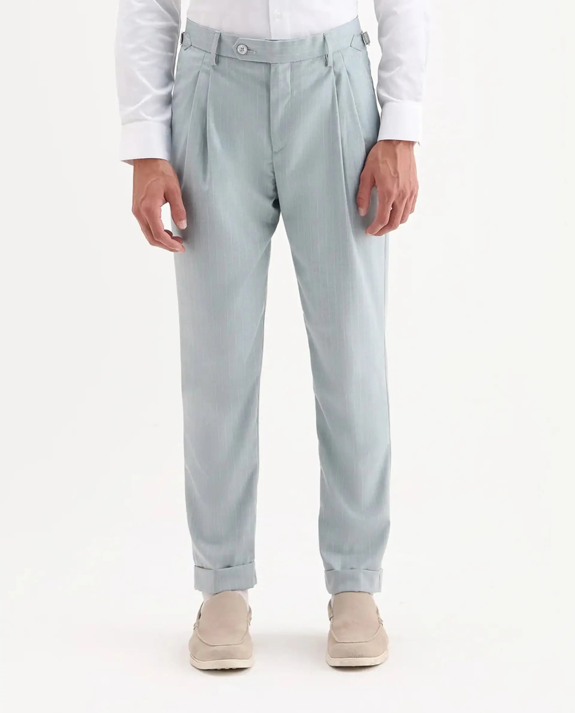 Rare Rabbit Men's Amosy Light Blue Viscose Striped Print Relaxed Fit Trouser