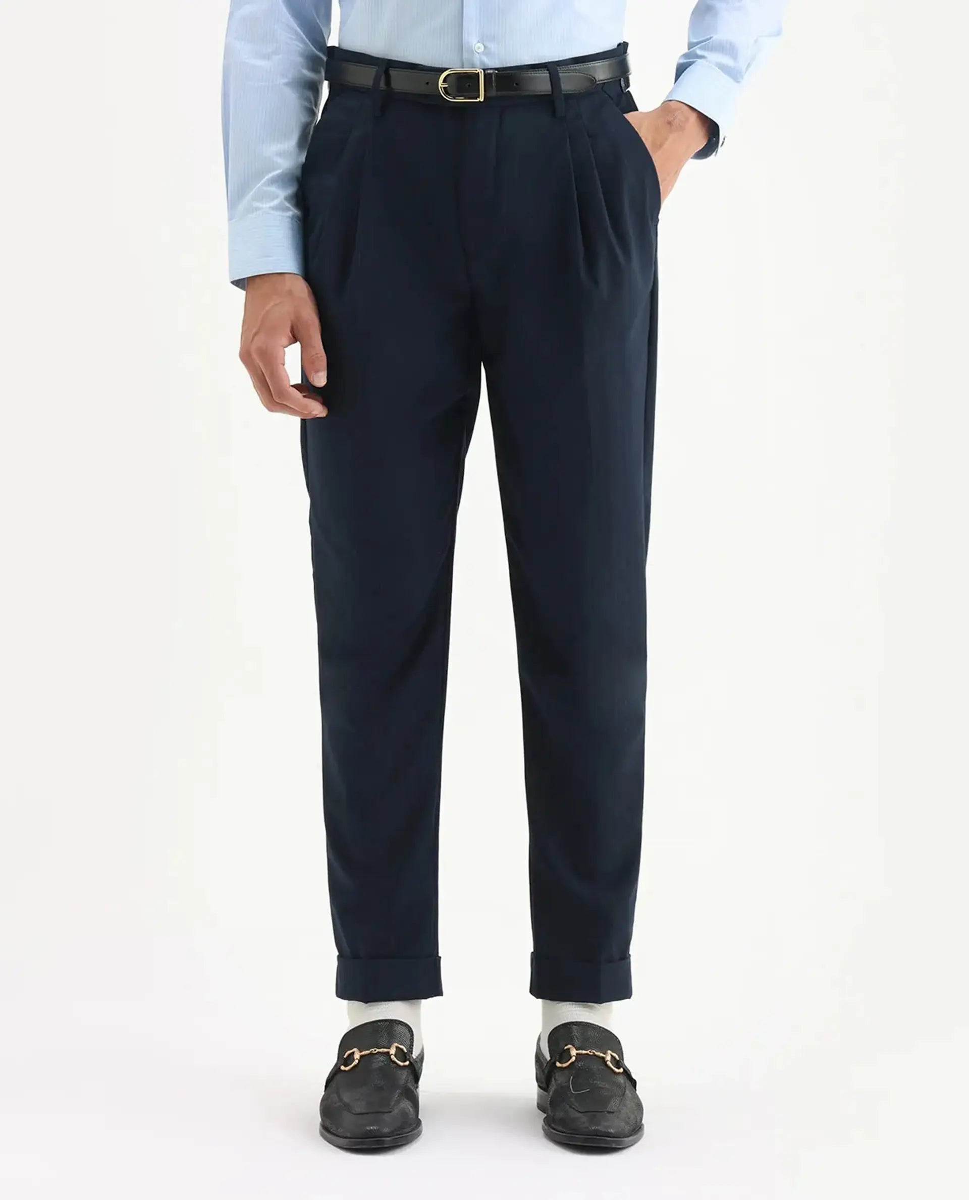 Rare Rabbit Men's Amosy Navy Viscose Striped Print Relaxed Fit Trouser
