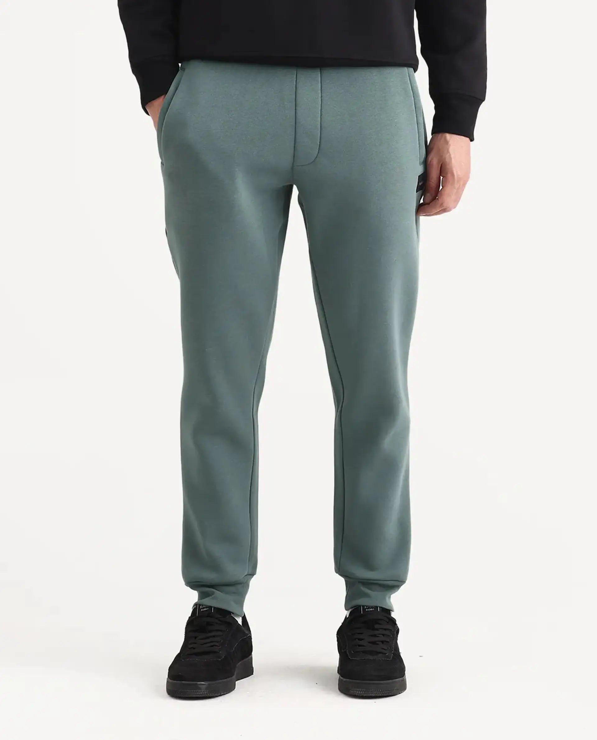Rare Rabbit Men's Anderson-B25 Dusky Green Cotton Blend Fabric Regular Fit Badge Print Joggers
