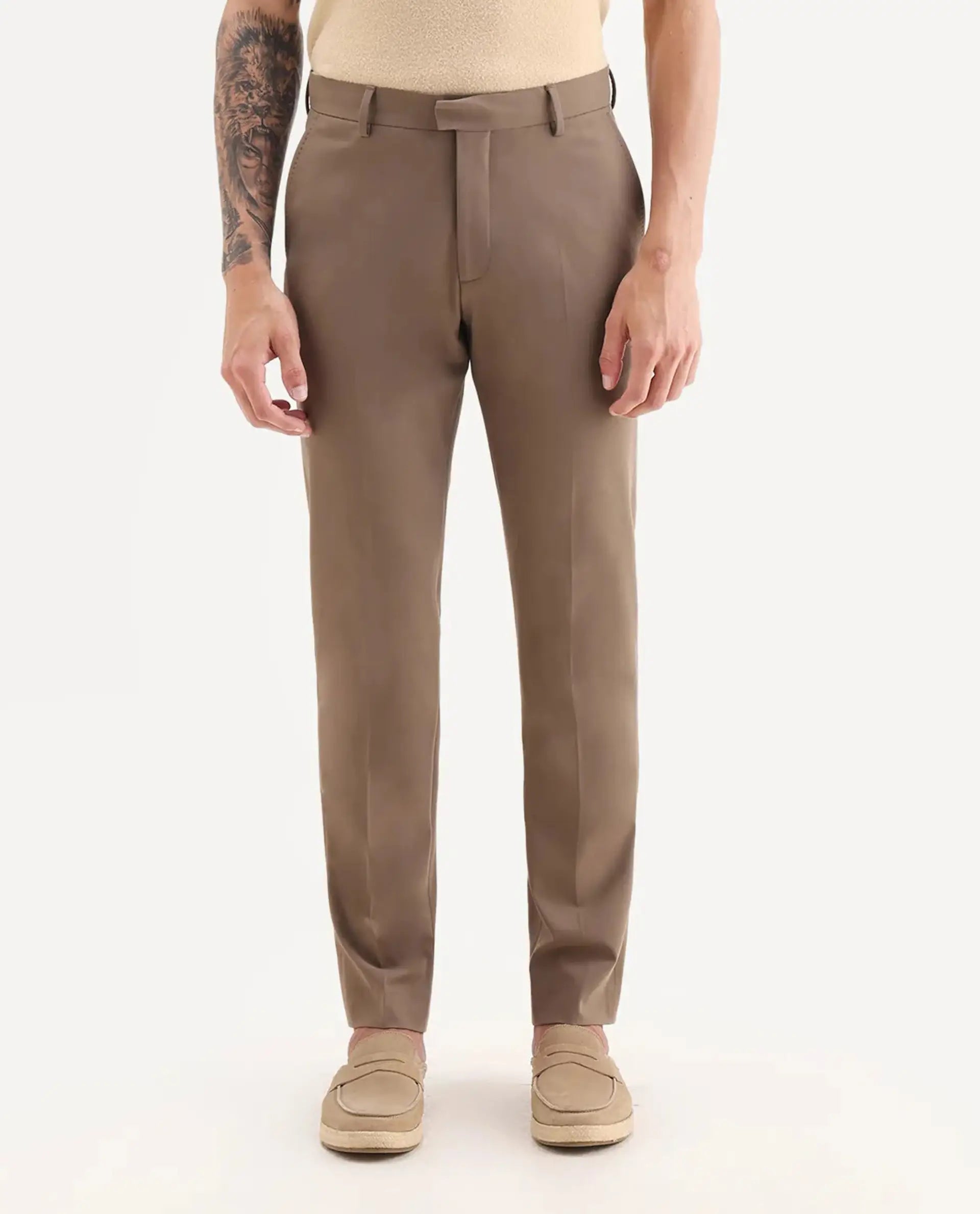 Rare Rabbit Men Arcade Beige Polyester Fabric Hook And Zipper Closure Regular Fit Plain Trouser