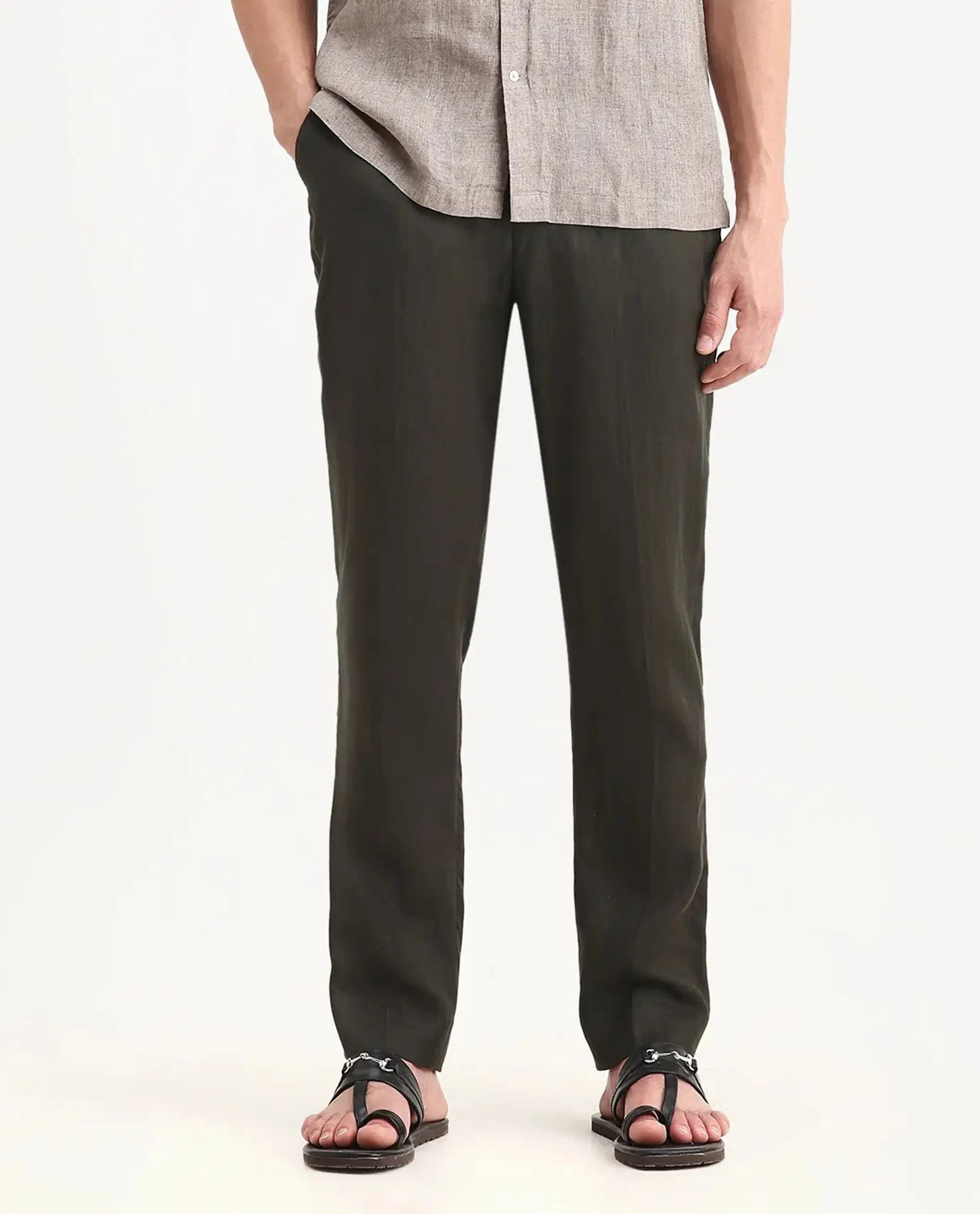Rare Rabbit Men's Arcelo-2 Olive 100% Linen Plain Regular Fit Trouser