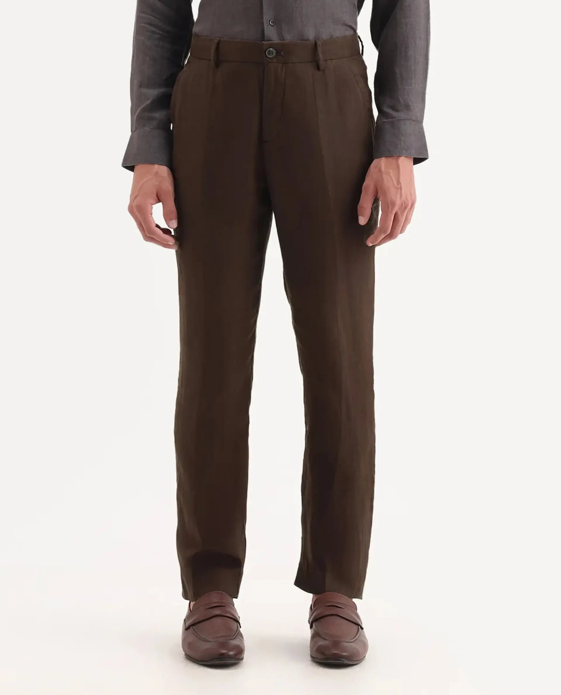 Rare Rabbit Men's Arcelo Brown Linen Plain Regular Fit Trouser