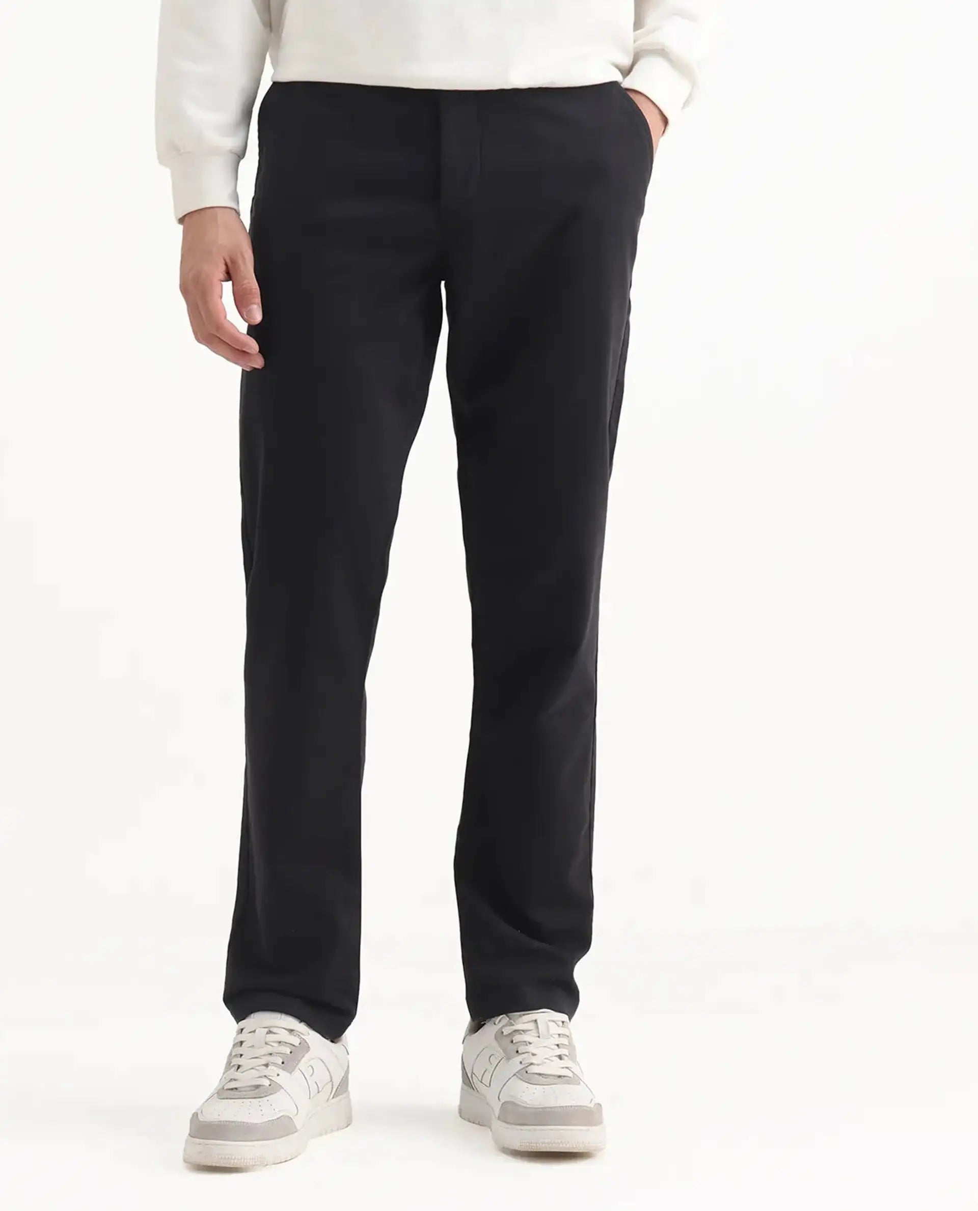 Rare Rabbit Men's Aries Black Cotton Blend Plain Regular Fit Trouser