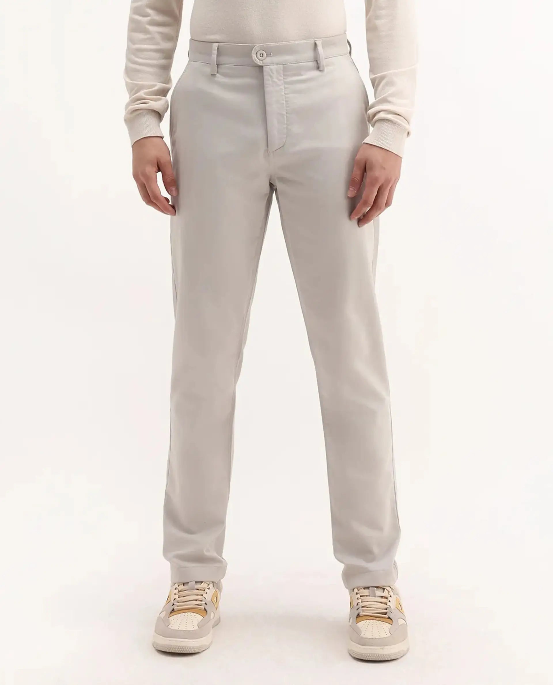 Rare Rabbit Men's Aries Light Grey Cotton Blend Plain Regular Fit Trouser