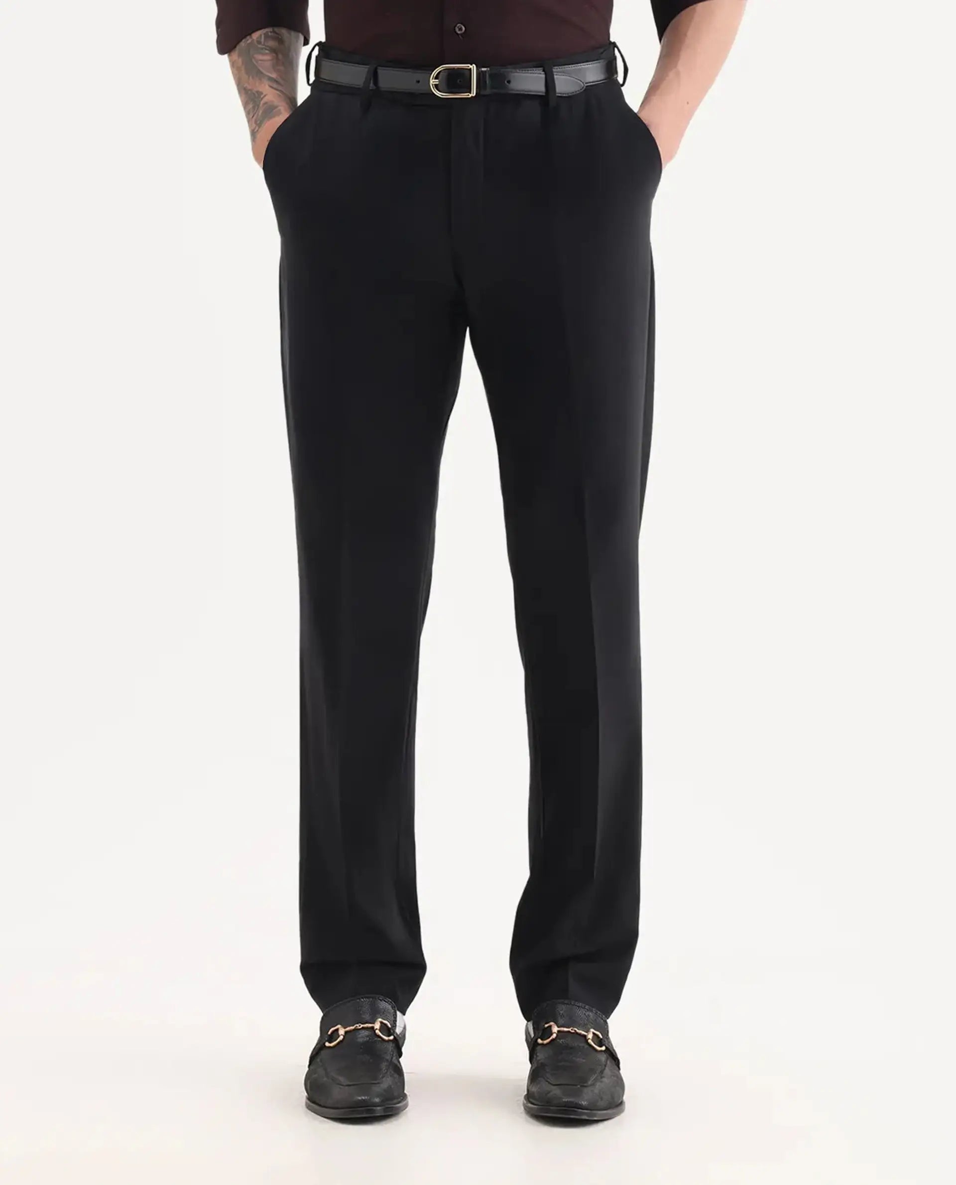 Rare Rabbit Men's Arlo Black Wool Plain Regular Fit Trouser